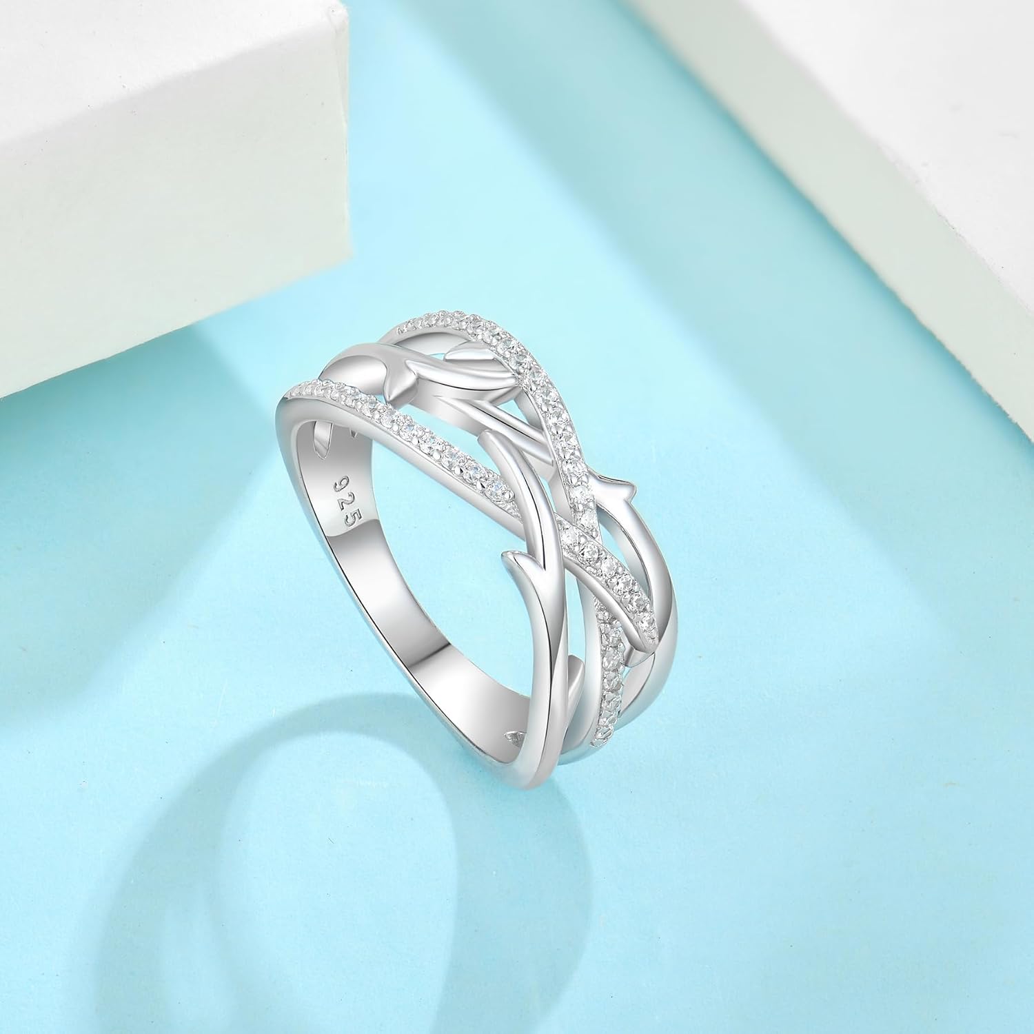925 Sterling Silver Simulated Diamond CZ Criss Cross Ring for Women - Eternity Statement Wide Band Ring Engagement Wedding Anniversary Rings with Jewelry Box, Size 5-10