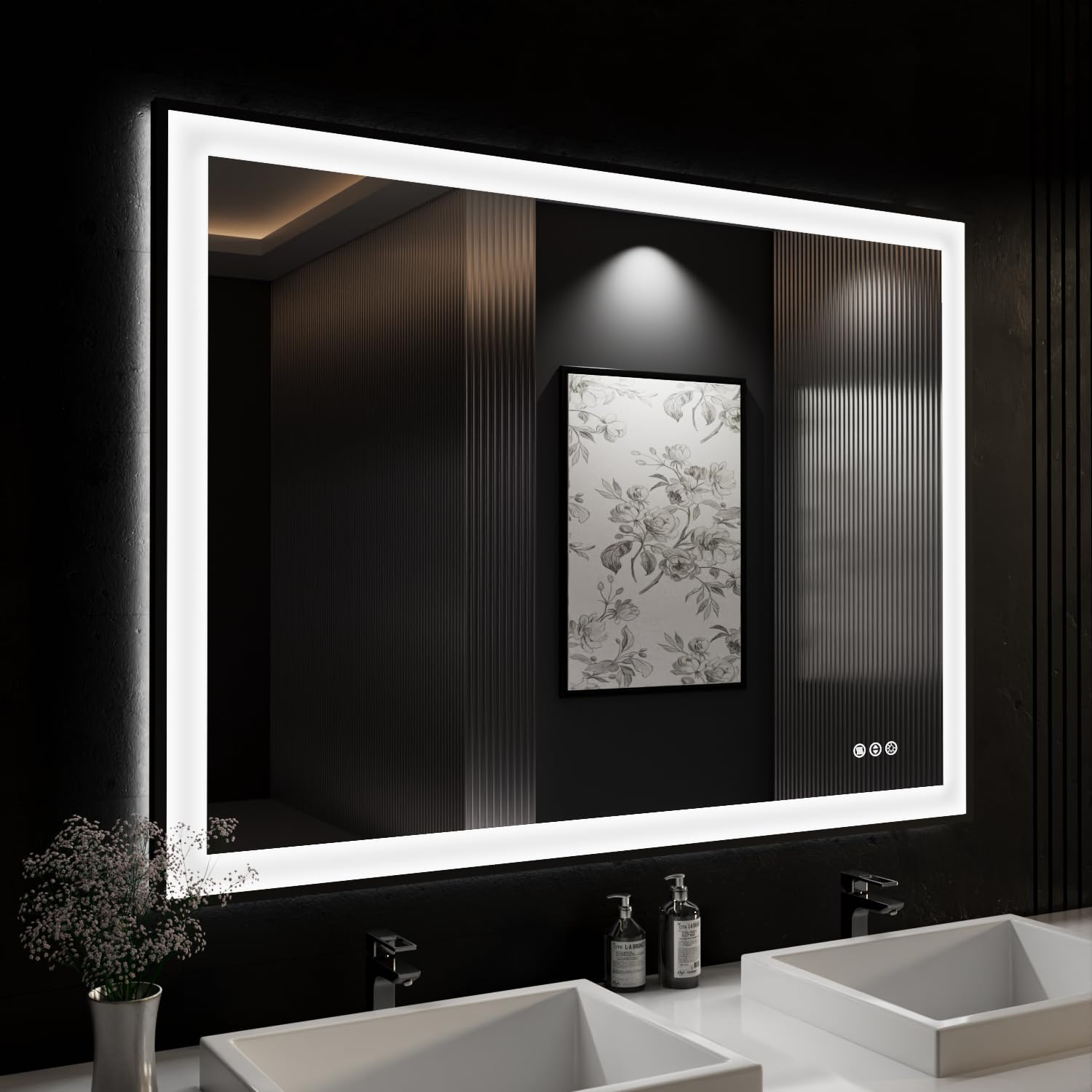 ISKM 48x38 Framed LED Bathroom Mirror, Dimmable Front &amp; Backlit, Anti-Fog