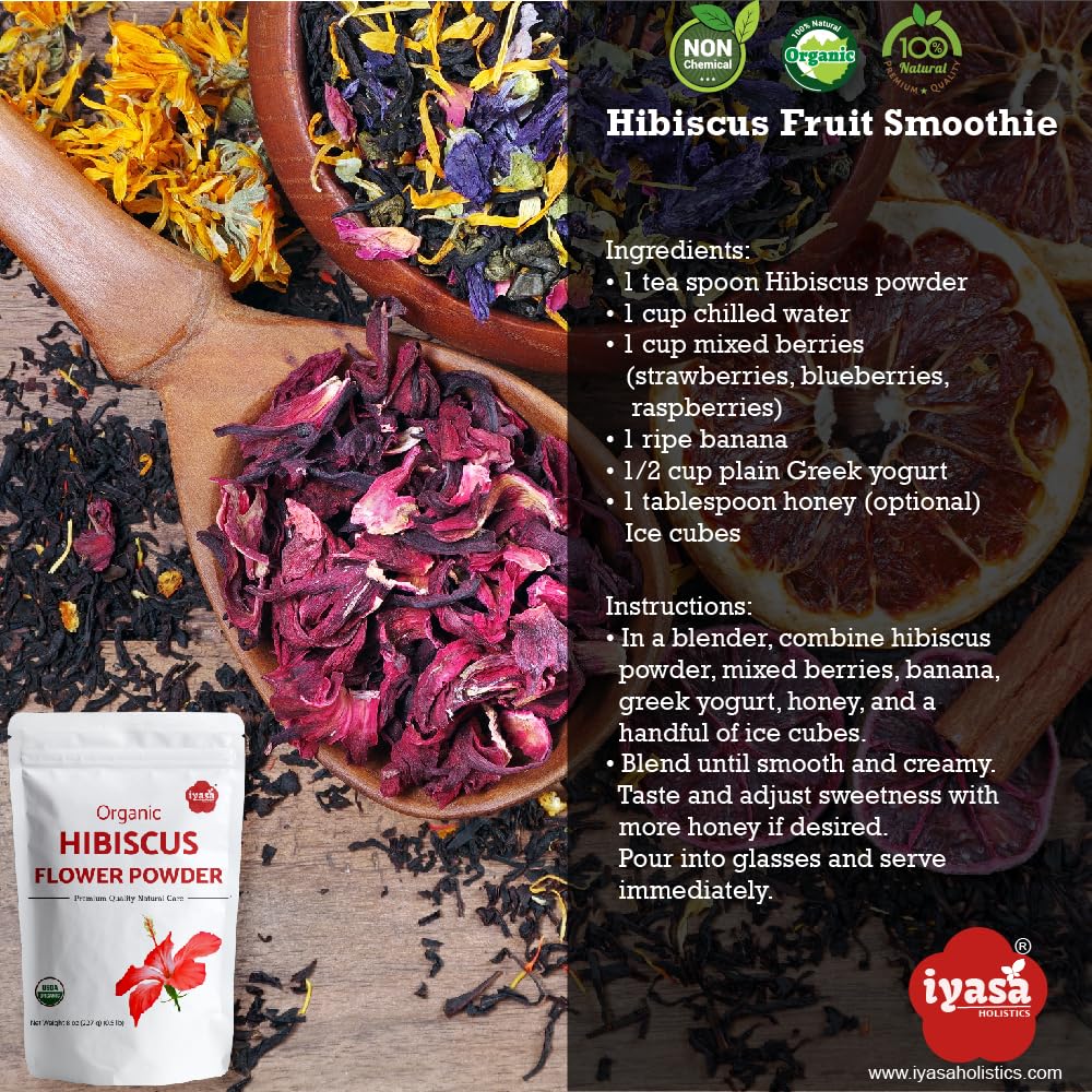 Organic Hibiscus Powder 16oz – Natural Pink Color & Tart Flavor – Food Grade for Organic Hibiscus Tea, Drinks, Baking & DIY Skin & Hair Care by Iyasa Holistics