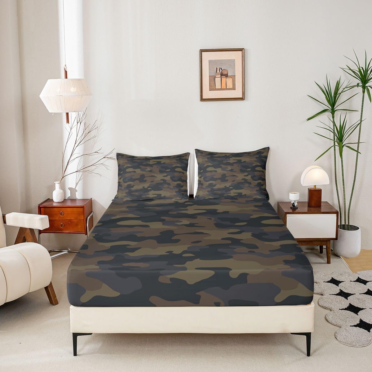 Feelyou Kids Boys Camo Bed Sheets Army Camouflage Sheet Set for Girls Teens Youth Man Navy Blue Decor Bed Set Black Dark Brown Sheets Queen,1 Fitted Sheet+2 Pillow Sham+1 Flat Sheet