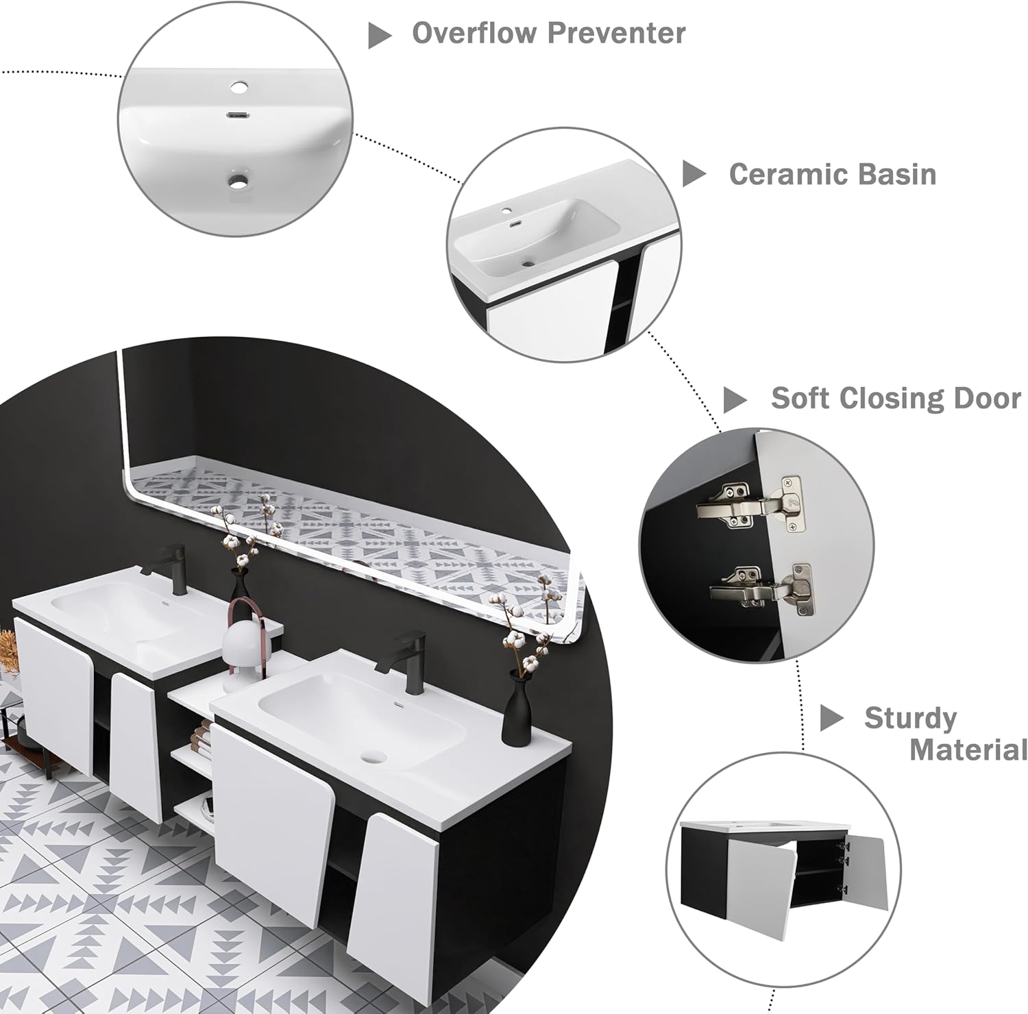 92 Inch Bathroom Vanity Set, 92" Modern Floating Bathroom Vanity with Double Sinks, Wall-Mounted Black & White Cabinet Set, with White Storage Shelf