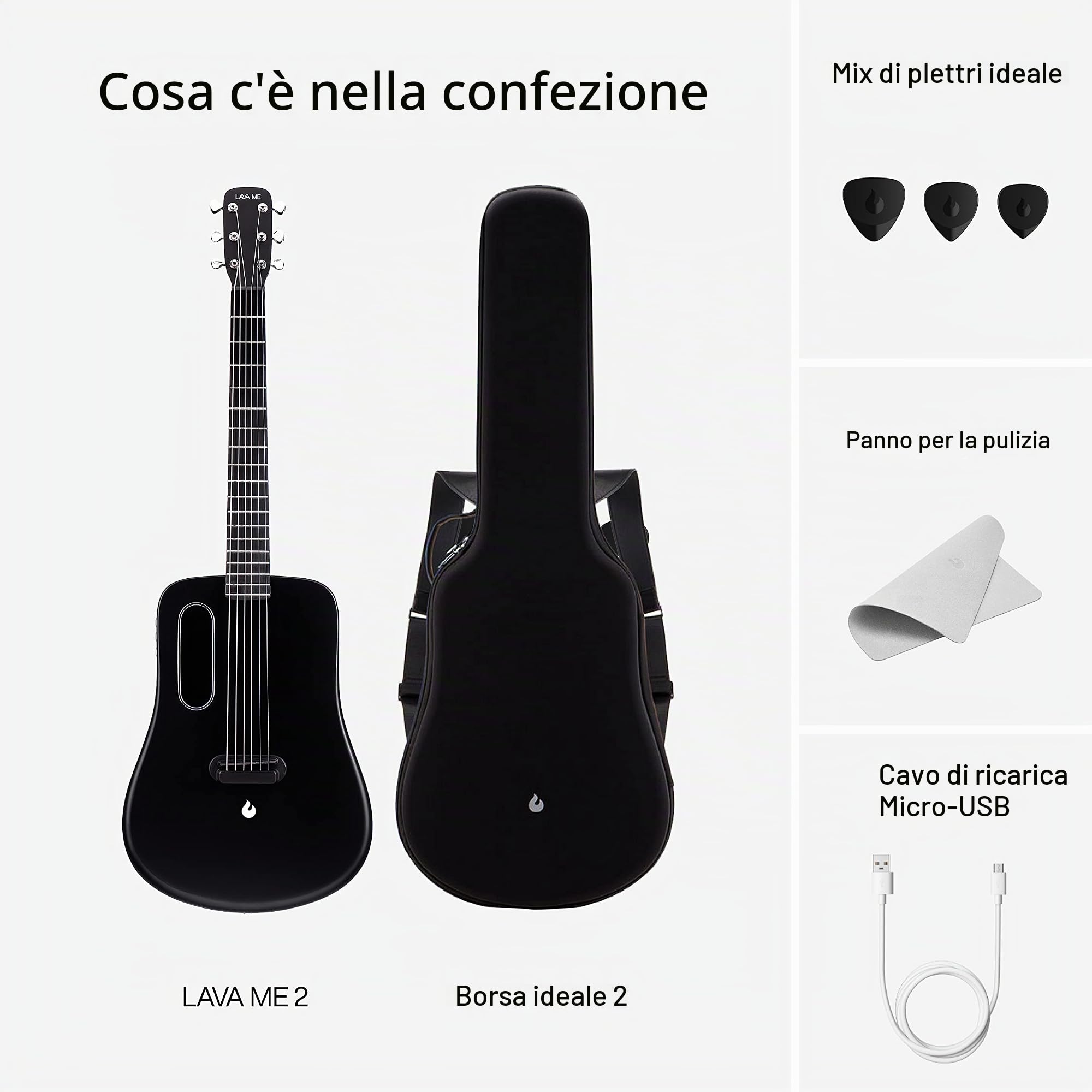 LAVA ME 2 carbonio fibra Chitarra 36 pollici con effetti elettrica da viaggio acustica con borsa plettri e cavo di ricarica(Freeboost-Nero)