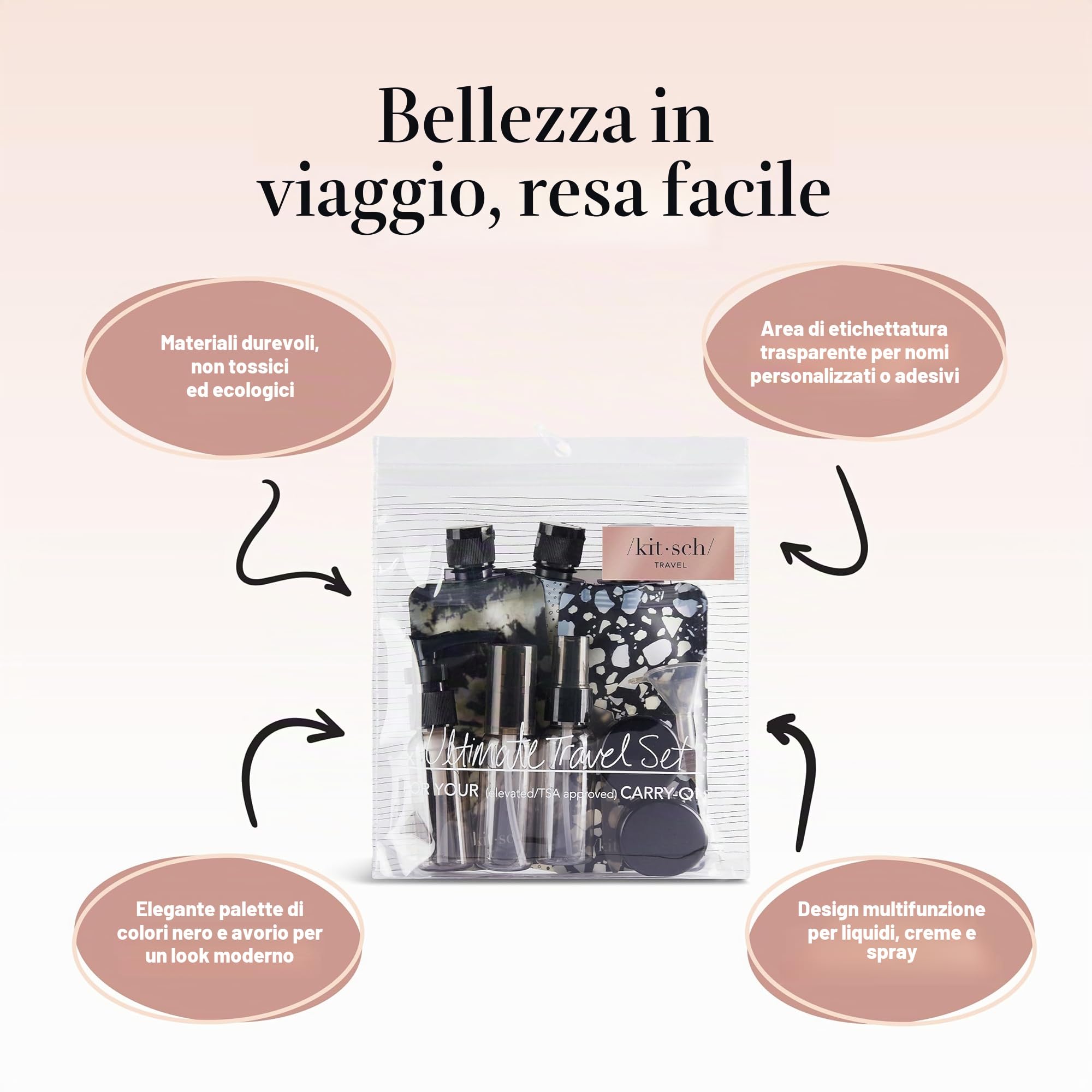 Kitsch Set da Viaggio 11 Pezzi per Toiletries – Kit Essenziale per Shampoo, Balsamo, Lozione e Altro, Contenitori Ricaricabili da Viaggio a Prova di Perdite – Nero & Avorio