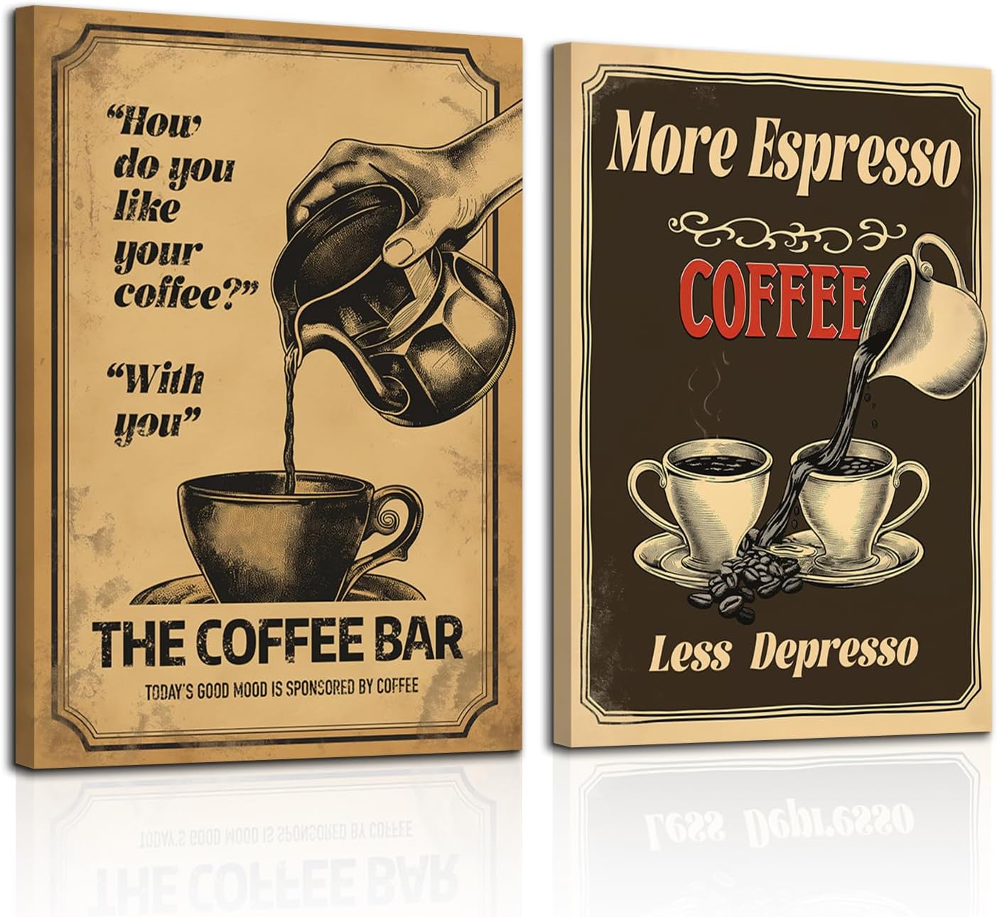 HTTART Vintage Coffee Canvas Wall Art, More Espresso Less Depresso Coffee Poster, Retro Coffee Cups Picture, Cafe Bar Wall Decor, Retro Kitchen Decor Artwork Framed 16"x24" Set of 2