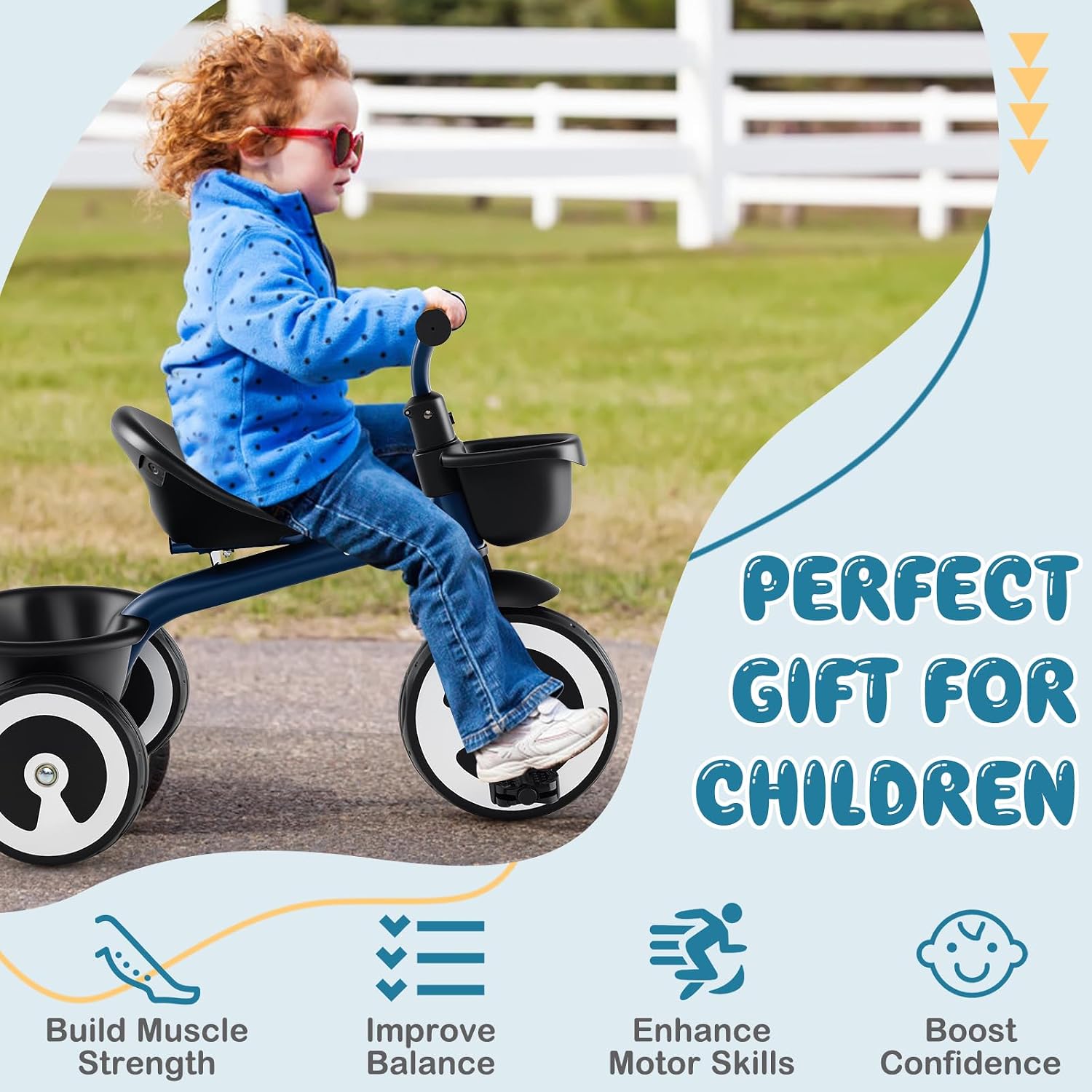 BABY JOY Toddler Tricycle, Kids Trike with Adjustable Seat, Front & Rear Storage Baskets and Heavy-Duty Carbon Steel Frame, 3-Wheel Toddler Bike for Boys & Girls 1.5-5 Years Old (Navy)