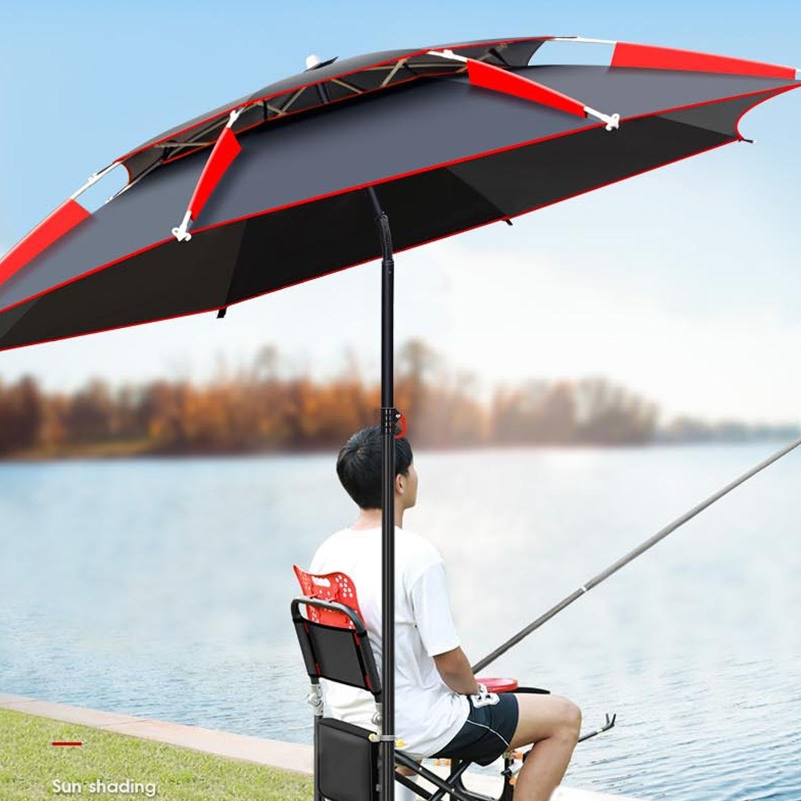 Parapluie de soleil en plein air, Parapluie de jardin, Parapluie de pêche, Parapluie de pêche, Double Canopy Umbrella, Terrace Sunshade Umbrella, 360-Degree Fishing Umbrella, Portable Yard Umbrella,