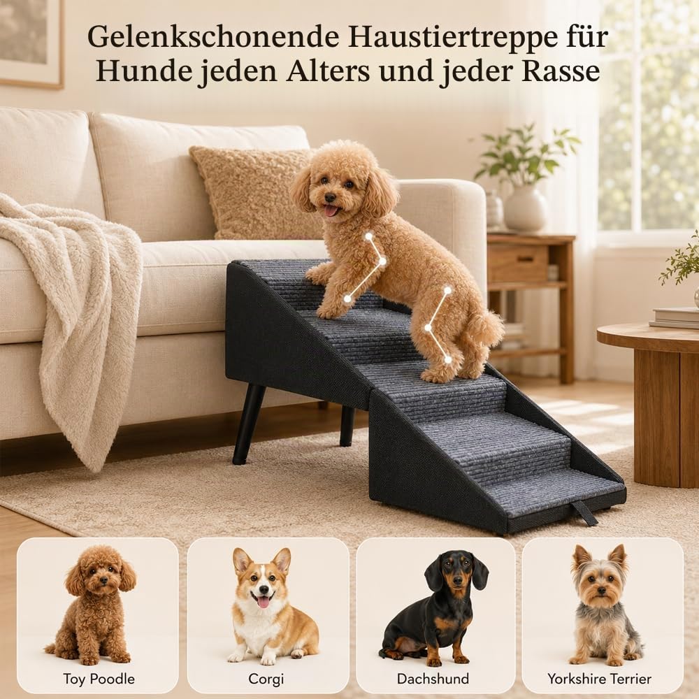 Klappbare Hundetreppe für kleine Hunde – 2-in-1-Treppe und Hocker – rutschfeste Holzstufen für das Sofa, ideal für Welpen, ältere und verletzte Hunde(Schwarz)