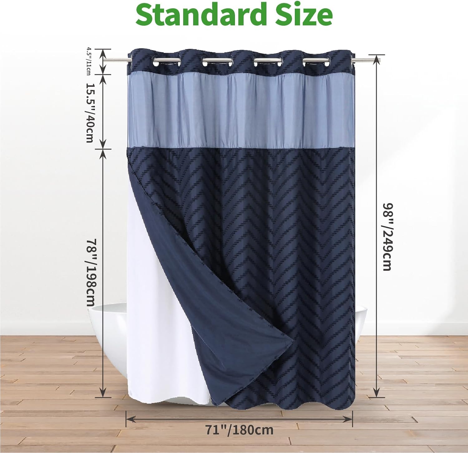 eachope Extra Long No Hook Tufted Chevron Striped Shower Curtain with Snap-in Fabric Liner set-71Wx86H(84H),Navy Blue Hotel Grade Boho Style Shower Curtain,Water Repellent