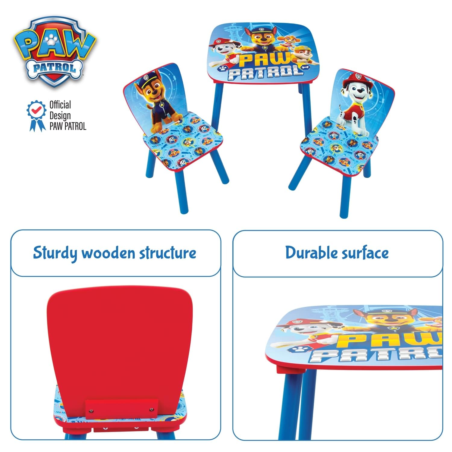 ARDITEX - Ensemble Table et 2 Chaises en Bois pour Enfants Licence Officielle La Pat’ Patrouille - Table 50x50x44 cm/Chaise 26,5x26,5x50 cm - Bleu - Idéal pour Jouer et Dessiner