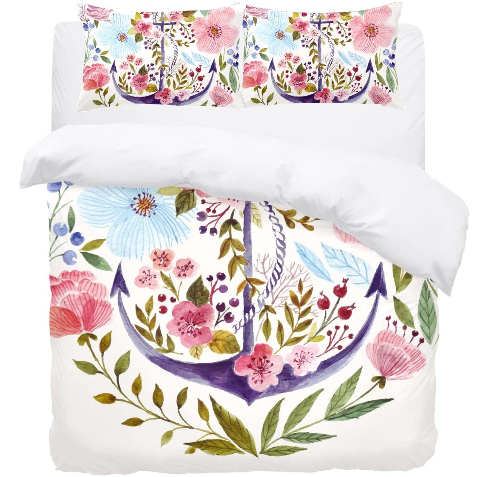 Parure de lit ultra douce housse de couette motifs ancre et fleurs 3 pièces