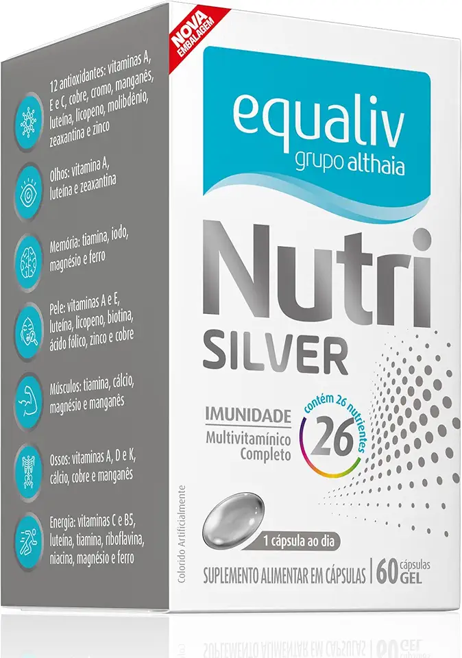EQUALIV Nutri Silver - Suplemento Alimentar em Cápsulas para Terceira Idade - Benefícios para Memória, Visão, Ossos e Músculos - Multivitamínico Completo - 60 Cápsulas Gel
