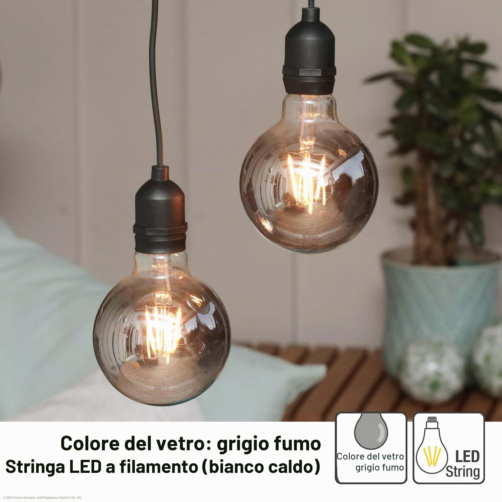 hellum Set di 2 lampade a sospensione vintage per esterni, grigio fumo retrò con timer e dimmer, vetro rotondo G95 Ø 9,5 x 13,7 cm, due lampadine con telecomando, lampadine per esterni 151442