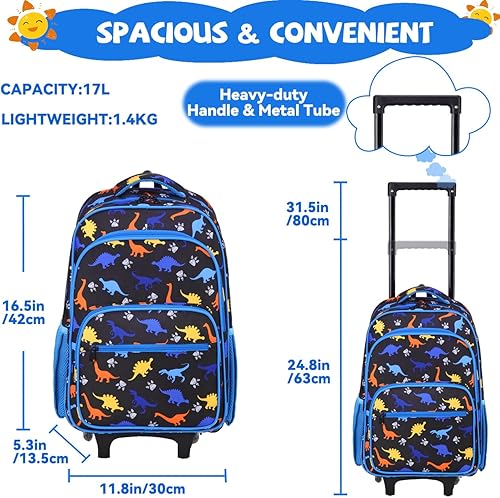 Miniatura 2 de VASCHY Mochila con ruedas para niños, resistente al agua, mochila escolar de mano con ruedas para niños y niñas, Dinosaurios azules, Mochilas Daypack