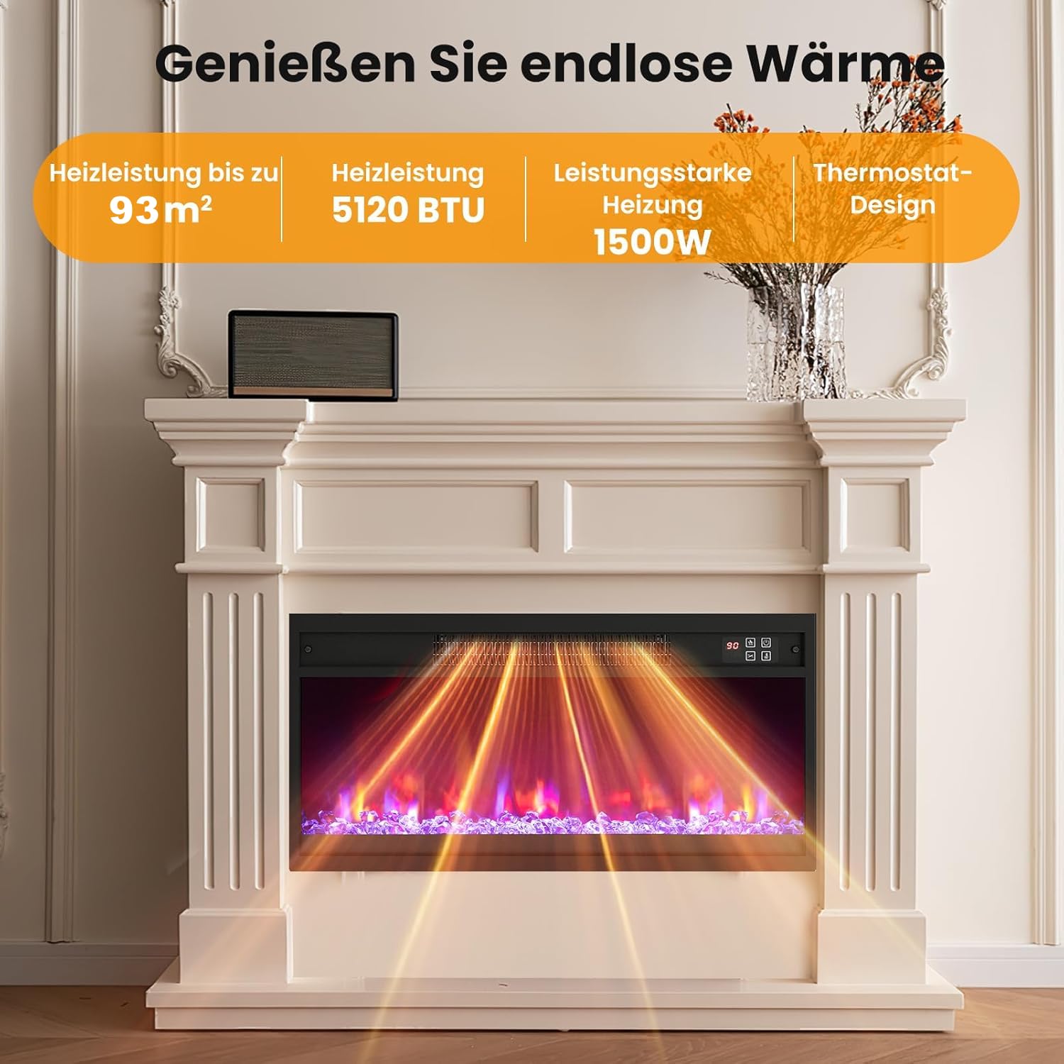 RELAX4LIFE 26" Elektrokamin mit heizung, schwebender Kamin mit LED-Ambientelicht & 3D-Flammeneffekt & Kristall-Glutbett, Deko Wandkamin mit Fernbedienung, 1500 W, 8 Flammenfarben, 9H-Timer, 17℃-32℃