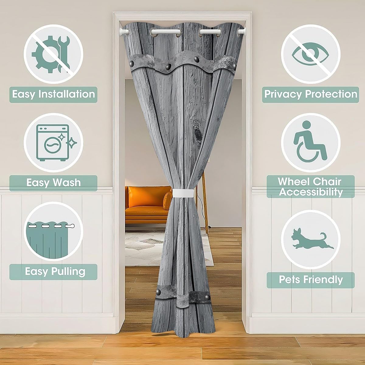 Feelyou Rustic Barn Door Door Curtain for Doorway Privacy 59"x80" Wood Grain Texture Art Print Closet Door Cover Curtain for Bedroom Living Room Farm Farmhouse Decor Light Blue Window Treatments