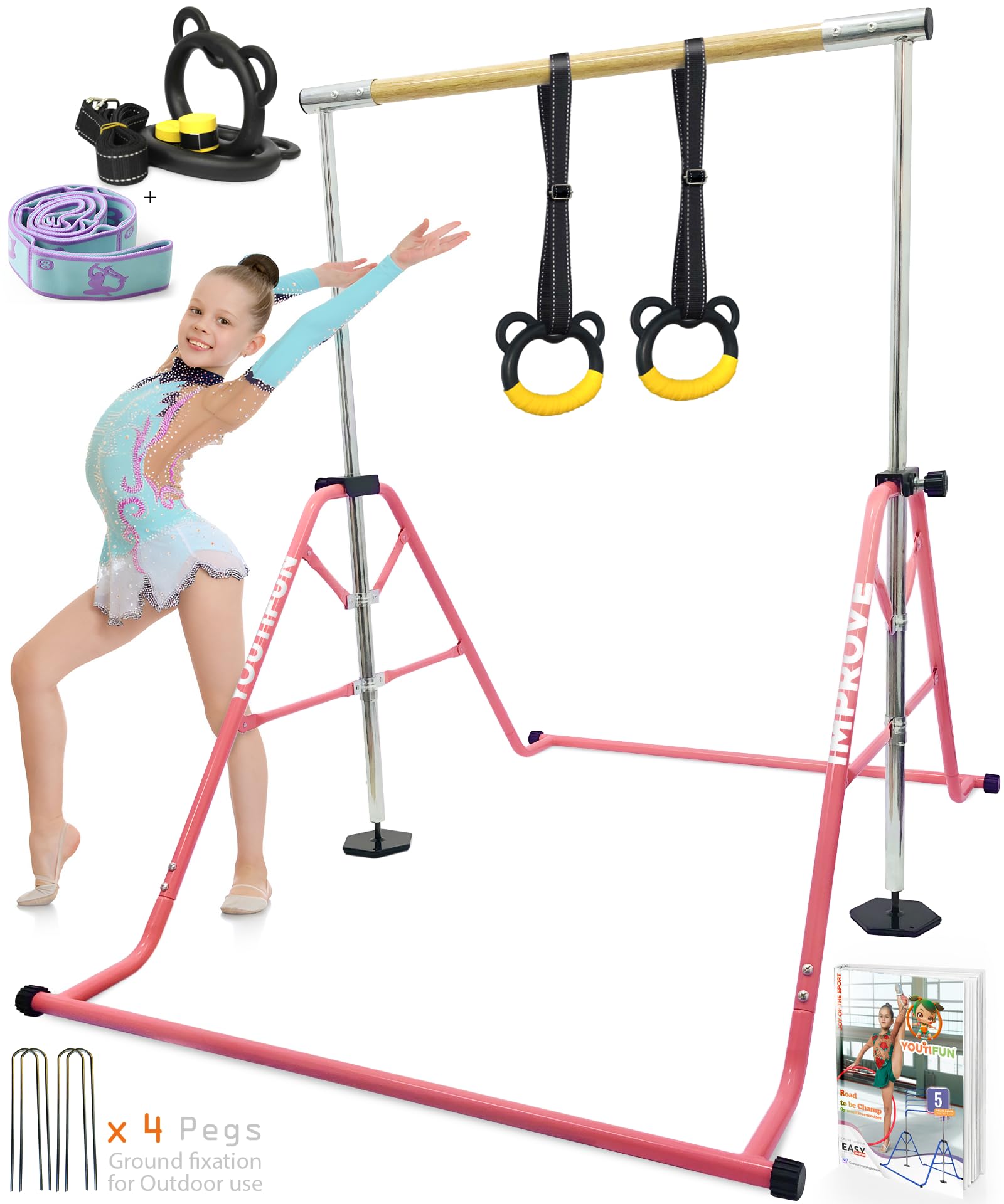 YOUTIFUN Fiberglass Gymnastics Bar, Kids Gym Equipment 5 Level Height Adjustable Pull Up Horizontal Gymnastic Bar, Gymnastics Equipment for Home for Girls & Boys, 3 to 12 years old (Pink Fiberglass)