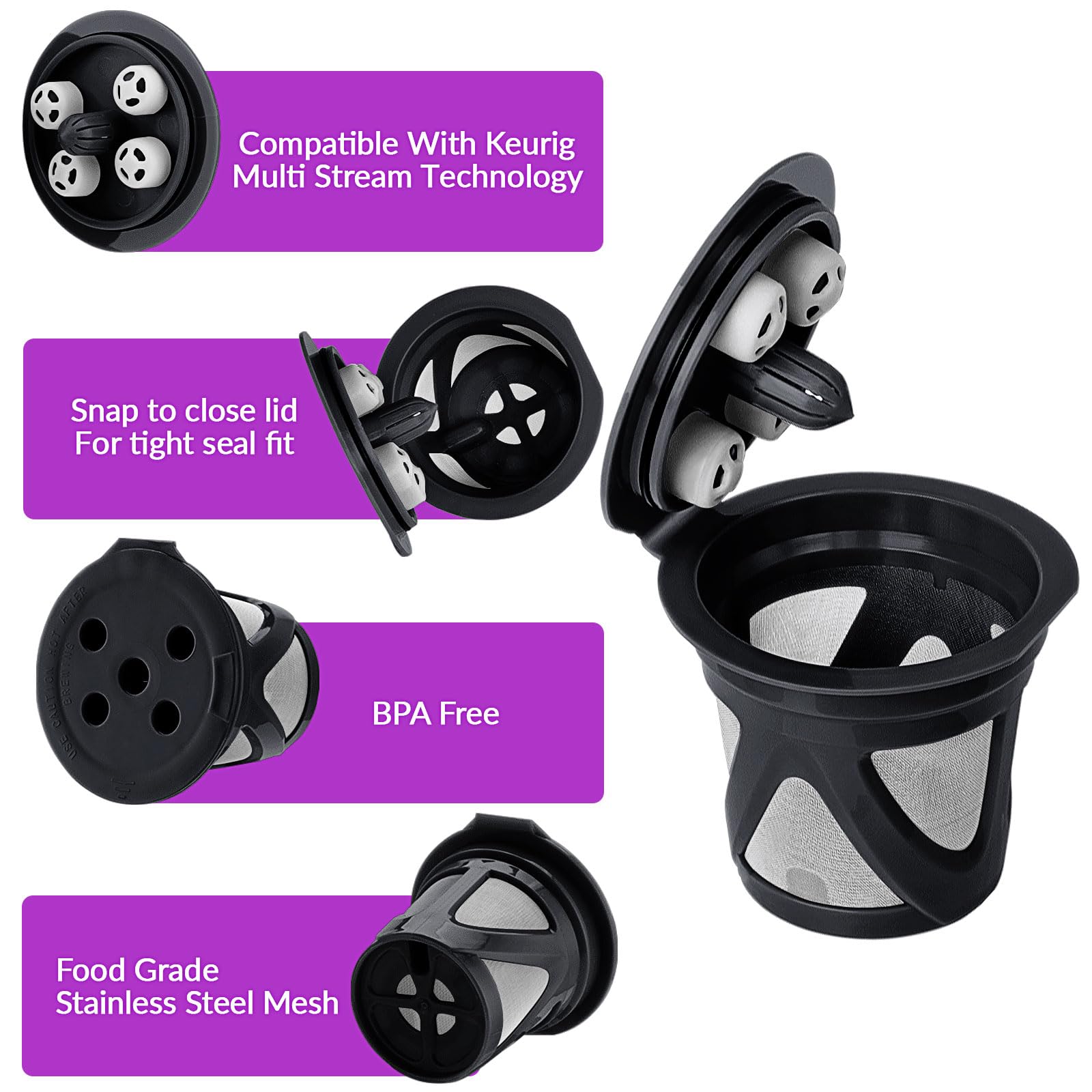Filtros reutilizables de acero inoxidable, paquete de 4 tazas K de malla con cuchara y cepillo, accesorios de café ecológicos para elaboración casera