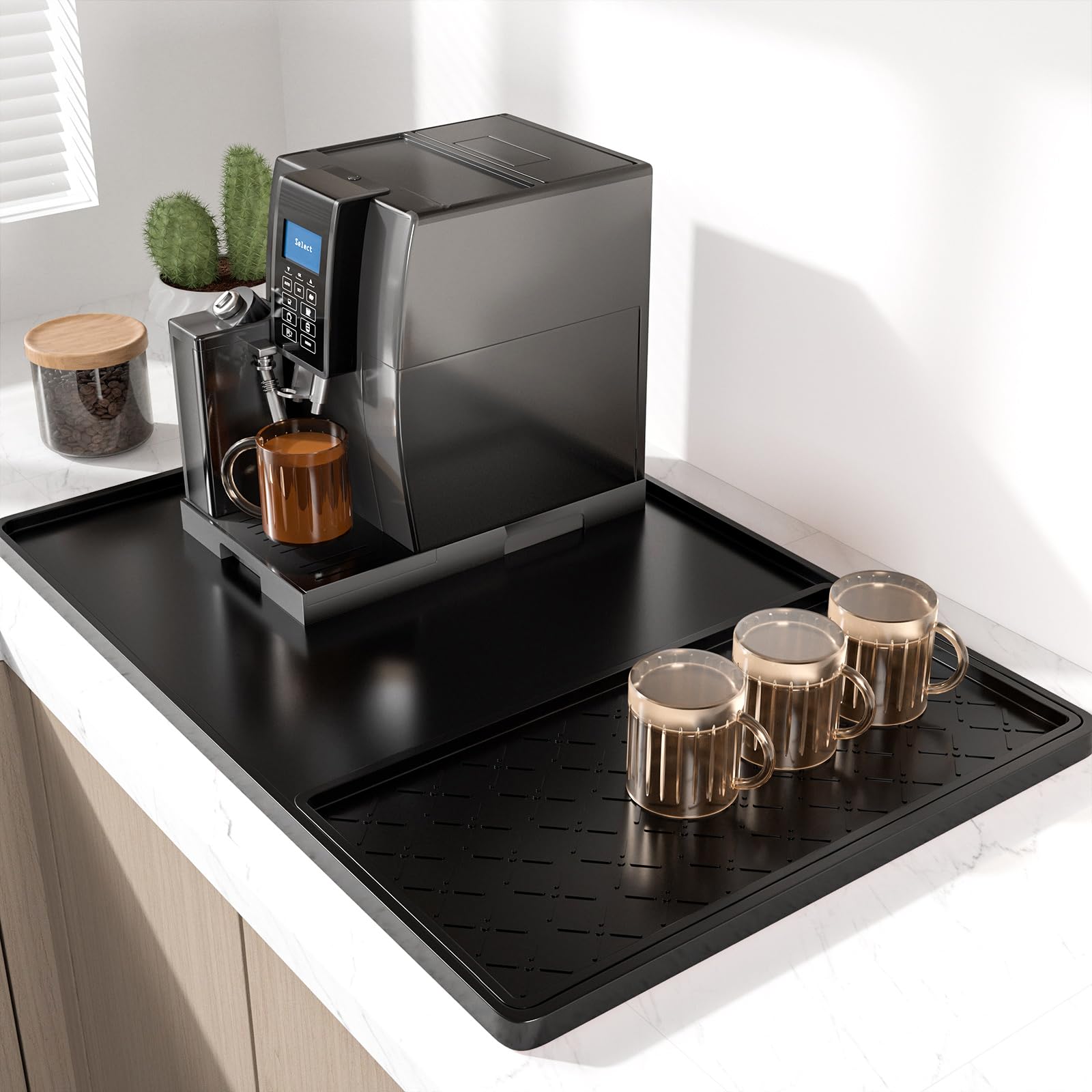 Rnivvi Silicone Coffee Mat, 16" x 24" Waterproof Raised Edge Coffee Bar Mats for Espresso Machine Station Accessories, Heat Resistant Detachable Dish Drying Pad for Kitchen Counter, Dish Rack, Black