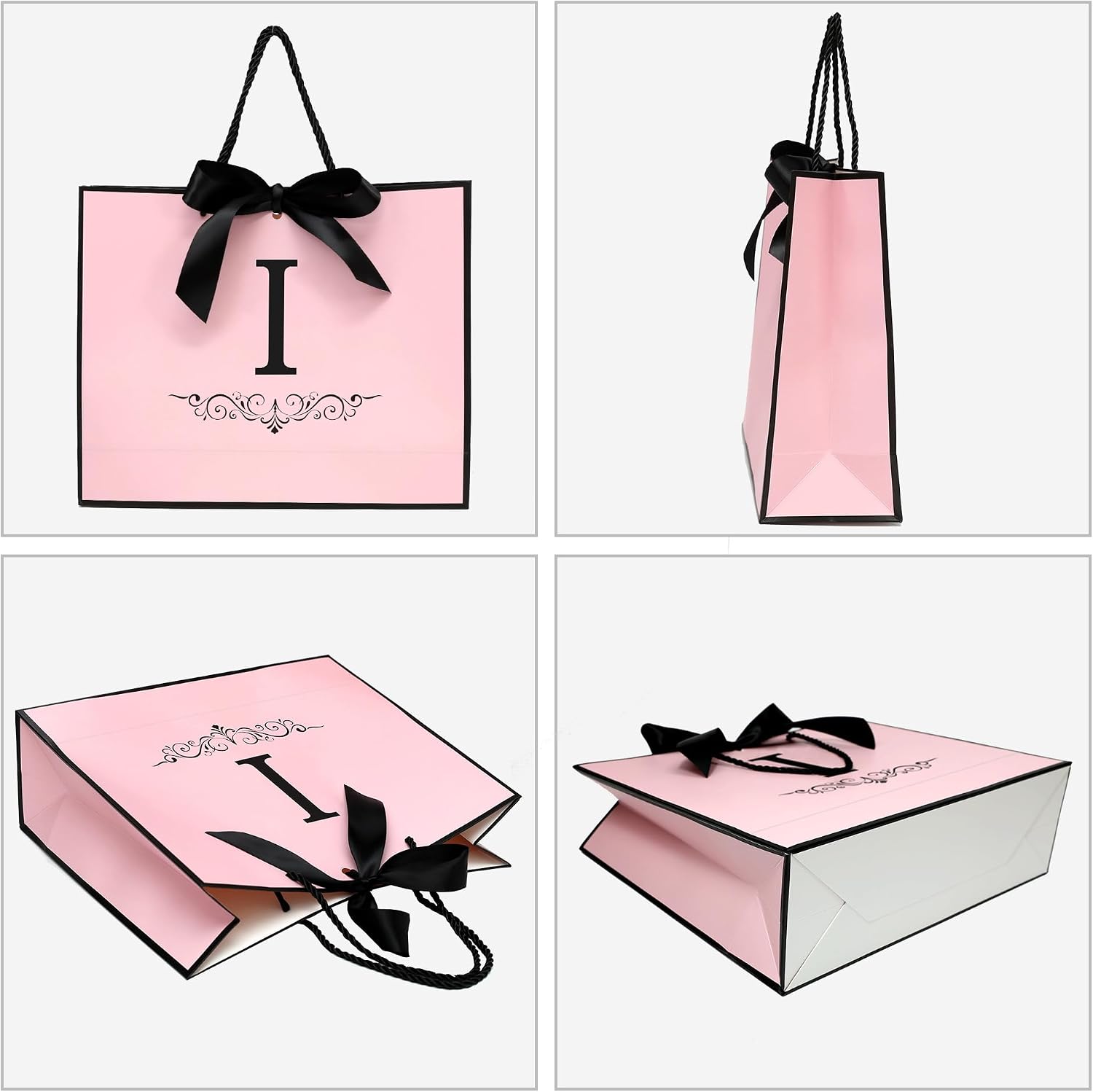 KeerxunBag personalized pink paper gift bag for women and girls, printed with the initial letter I. The set includes: ribbon bow, pink thin paper, card and envelope stickers image 5