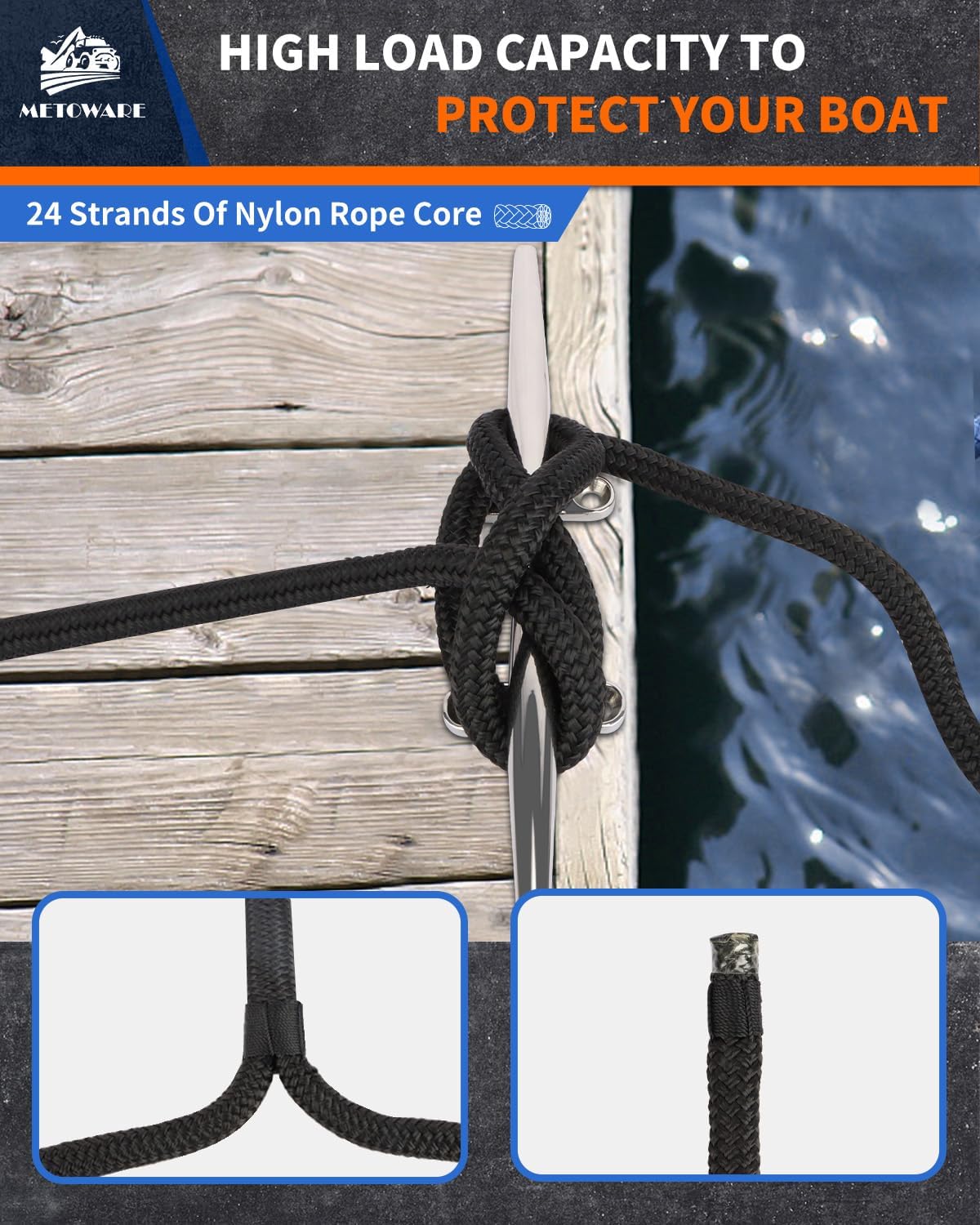 METOWARE 5/8" x 15' Dock Lines - Heavy Duty Marine Grade Boat Ropes for Docking with 15" Loop - Double Braided Boat Lines, Marine Rope Mooring Lines, High Strength, Easy Handling - 4 Pack,Black - Image 6
