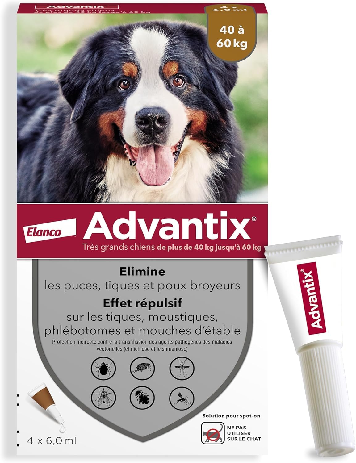 Advantix Très Grand Chien entre 40 et 60 kg – Pipettes pour chien contre 6 parasites – Traitement en pipette pour une protection en continu pendant 4 semaines – 4 x 6,0 ml