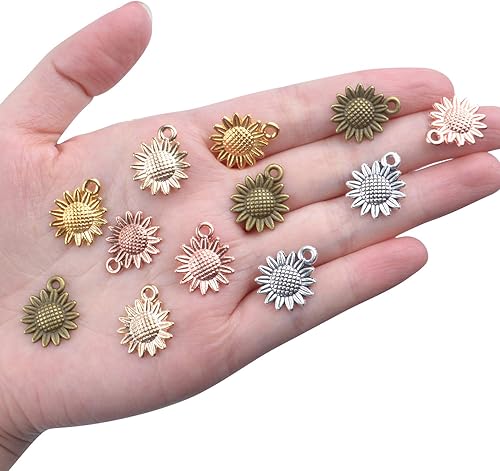 Miniatura 3 de Aylifu 50 dijes vintage de girasol, suministros de flores de aleación, para hacer joyas, 10 estilos