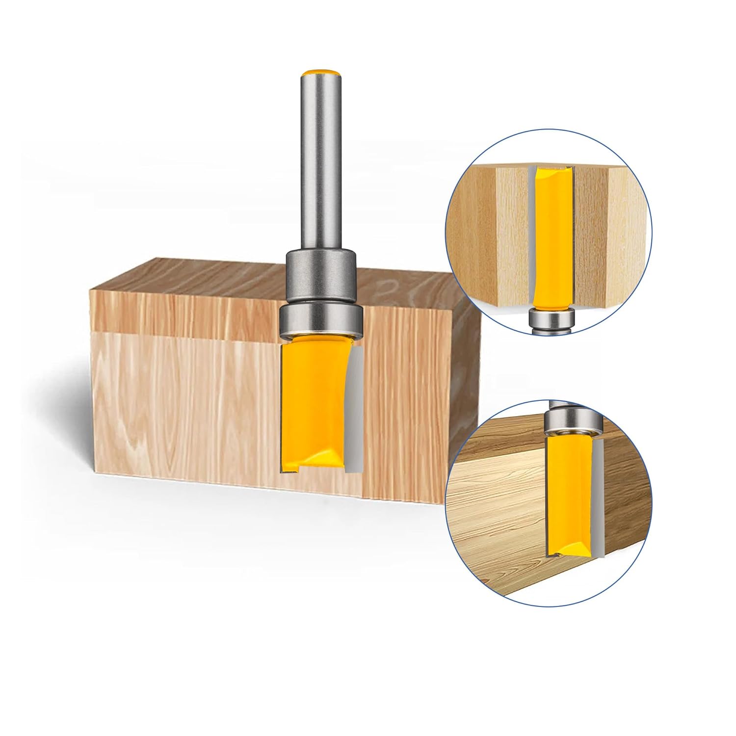 HUHAO Pattern Flush Trim Router Bit 1/4 Shank Carbide Tipped Router Template Bit 1/4 Pattern Router Bit with Top Bearing - 4 PCS Flush Cut Router Bit for Engraving, Edge Trimming, Template Routing