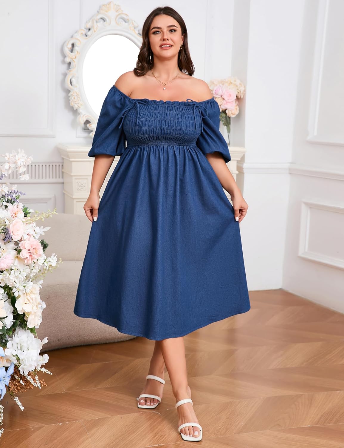 Summer Plus Size Denim Dress L-4XL, Reversible Off Shoulder Short Sleeve with Pockets, Jean Dresses for Curvy Women
