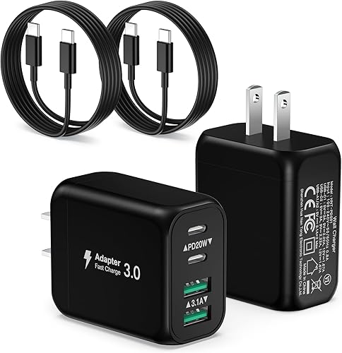 Miniatura 9 de Bloque de cargador USB C, paquete de 2 cargadores de pared USB C de 40 W de 4 puertos con cable USB C a C de 6 pies, adaptador de corriente dual