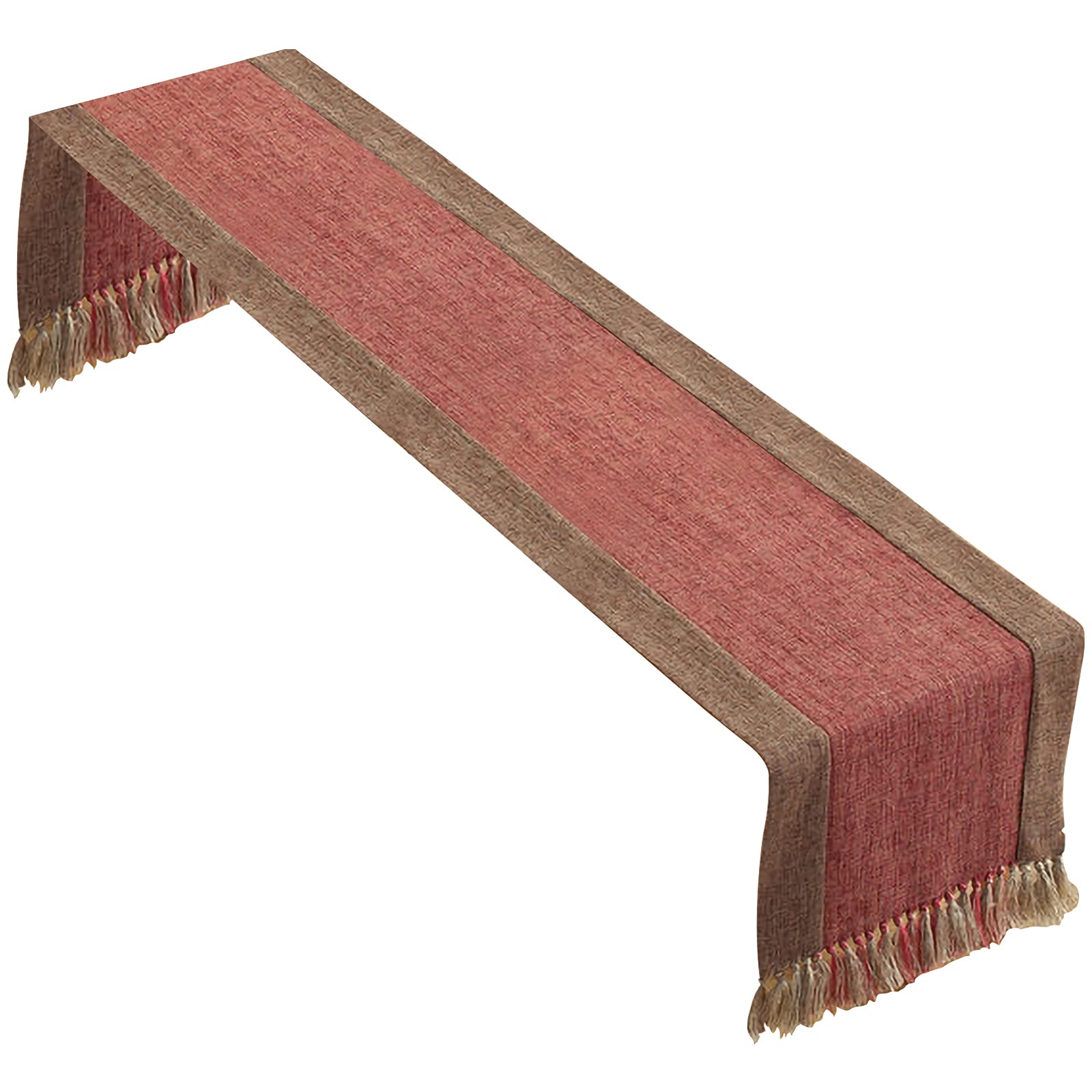 rismart Cotton Linen Tassels Table Runner for Dinning Dresser Table Red Brown,38 x 240 cm