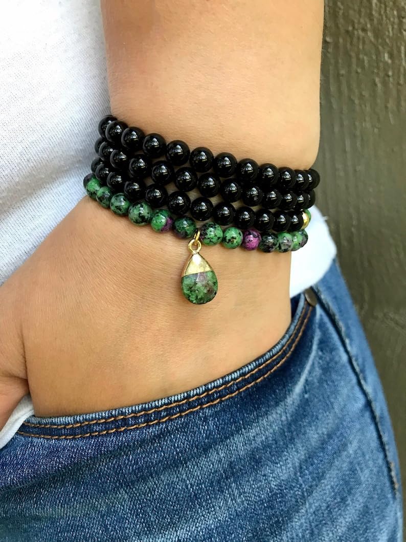 Naturalny rubin w zoizycie (Anyolit) i czarny onyks 6 mm 108 koralików mala, duchowe, koraliki do medytacji, Reiki, Japa Mala, buddyjskie koraliki modlitewne, bransoletka do jogi, koraliki lecznicze