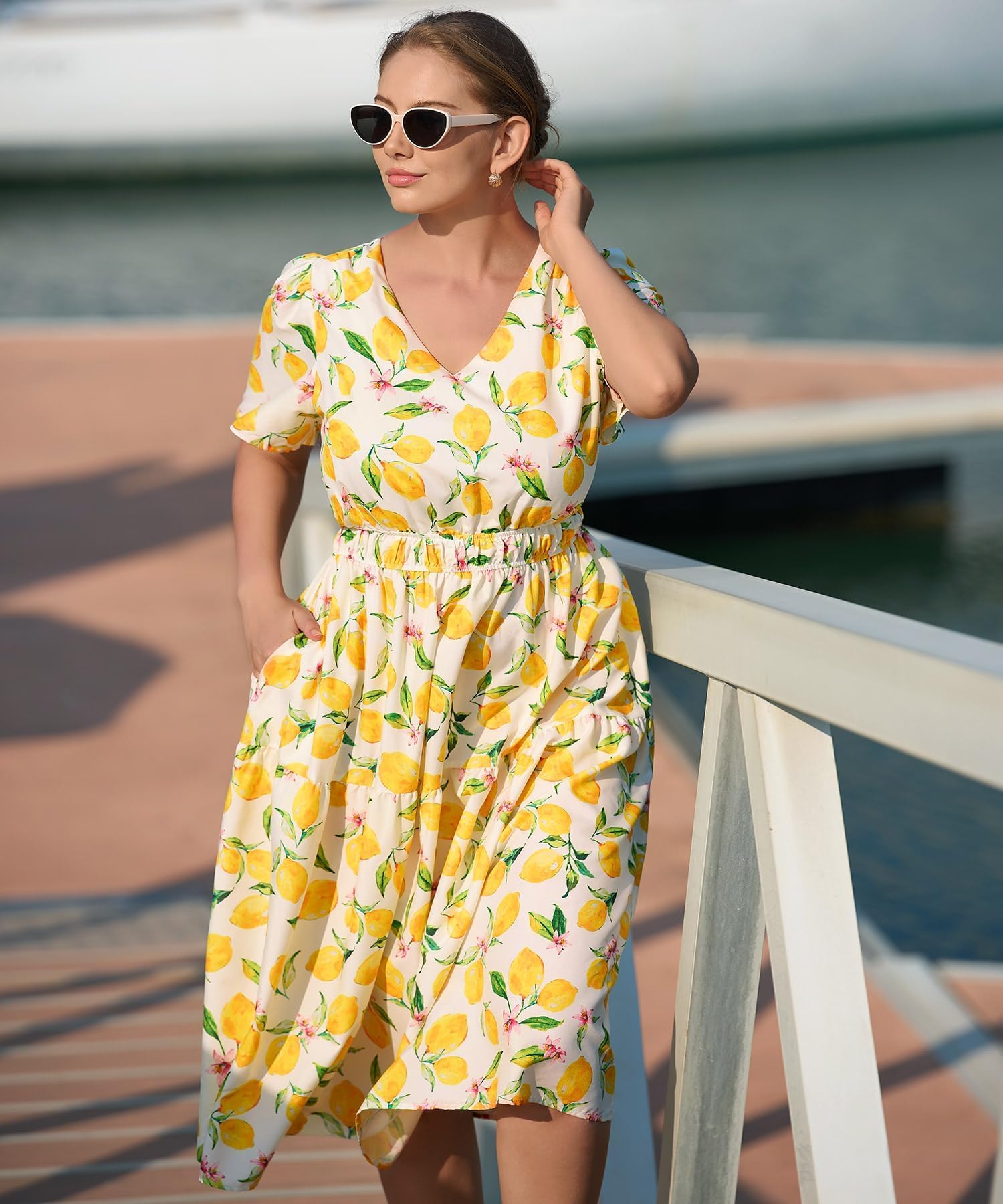 RITERA Kleid in Übergröße, für kurvige Frauen, V-Ausschnitt, kurzärmelig, langes Sommerkleid, gesmokt, Strand, Urlaub, Hochzeit, Böse, Größe XL - 5XL