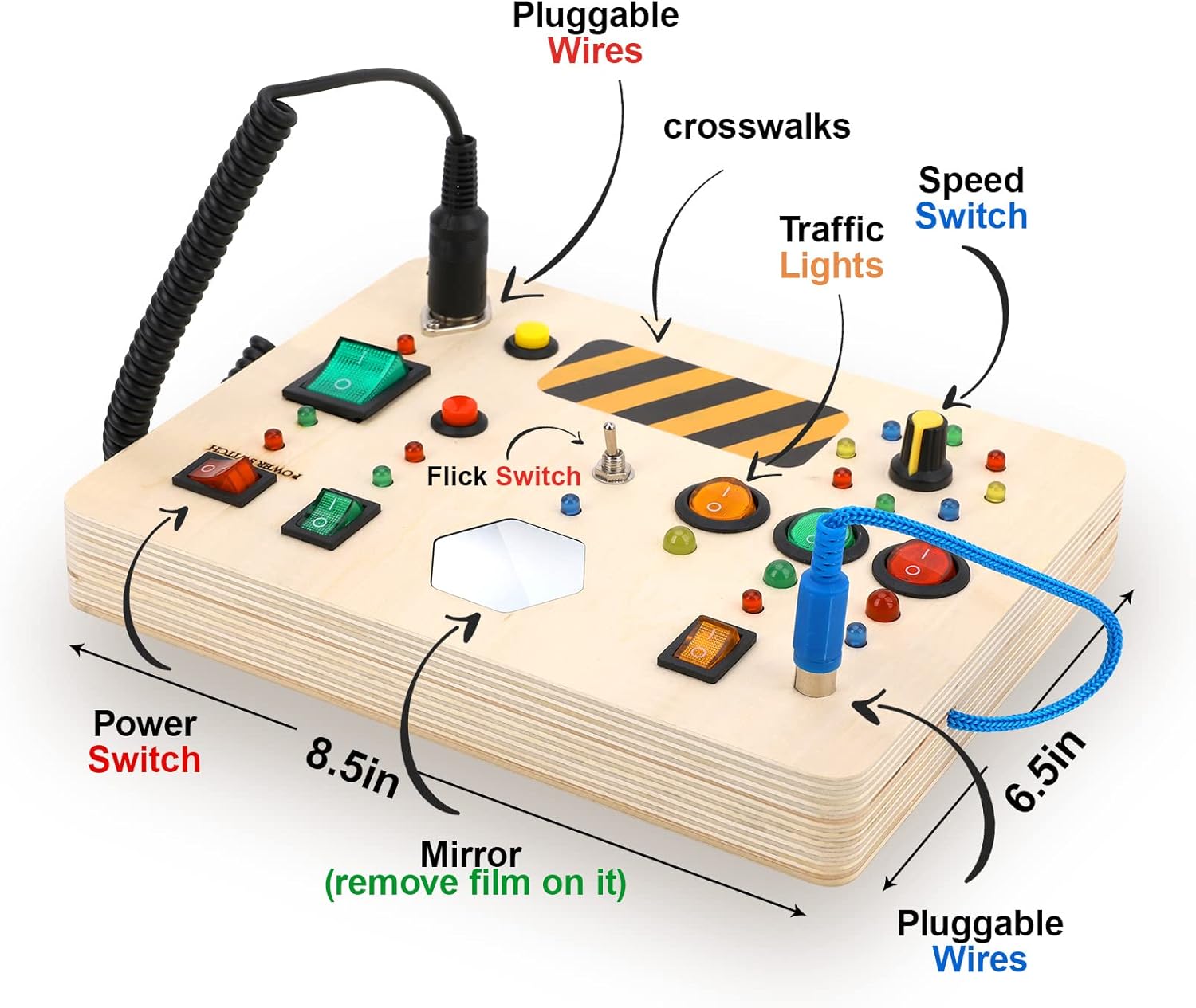 Switches Busy Board for Toddlers Montessori Light Switch Toys for Kids with Led Lights Up Pluggable Wires, Toys with Buttons to Push for Kids Aged 3+ Boys Girls Gift Educational Learning Fidget Toy