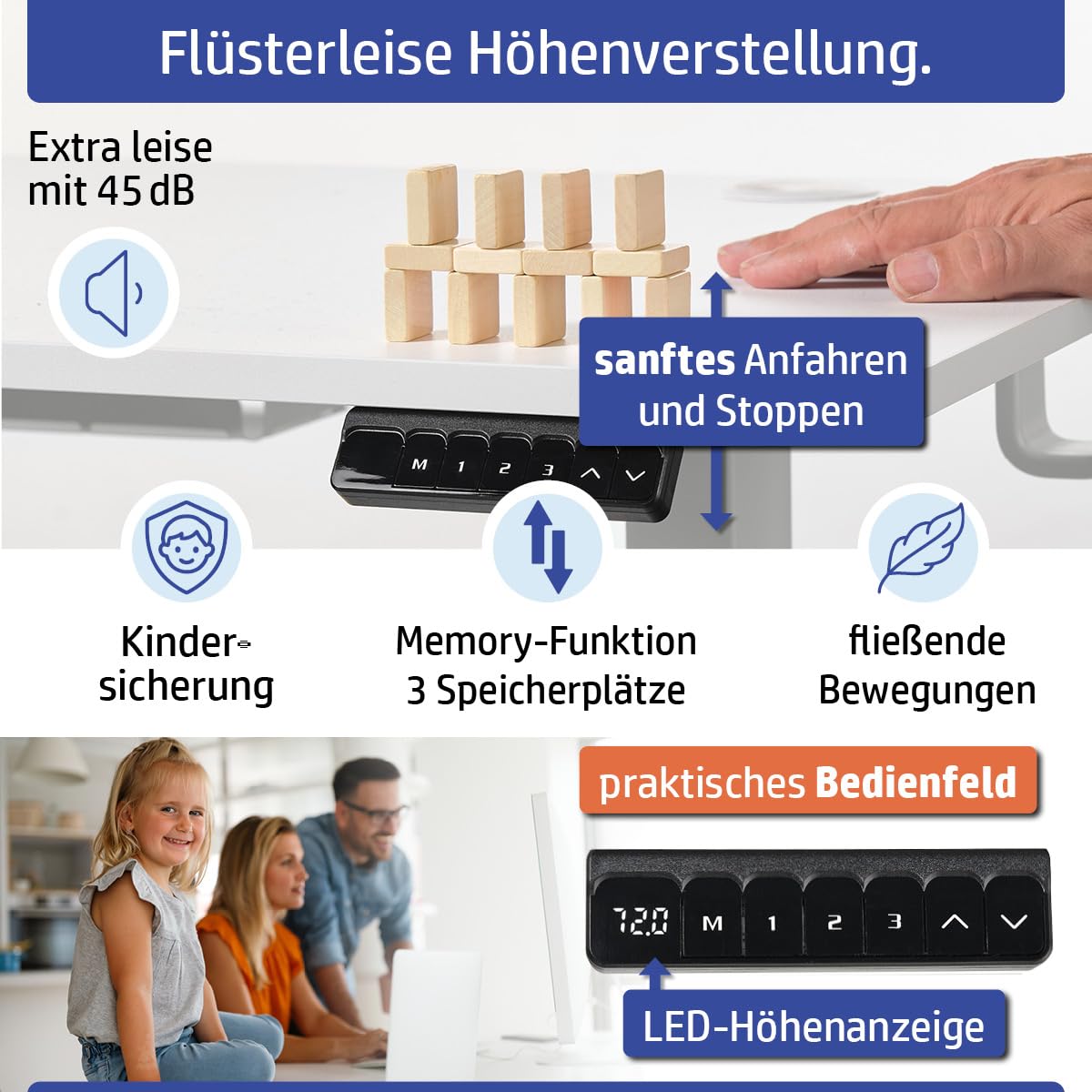 Höhenverstellbarer Schreibtisch FlexxPro | 3 Größen & 2 Farben | Durchgehende Arbeitsplatte | Inkl. LED-Bedienfeld & Kabeldurchführung | elektrisch stufenlos & ergonomisch | 120x60cm Weiß