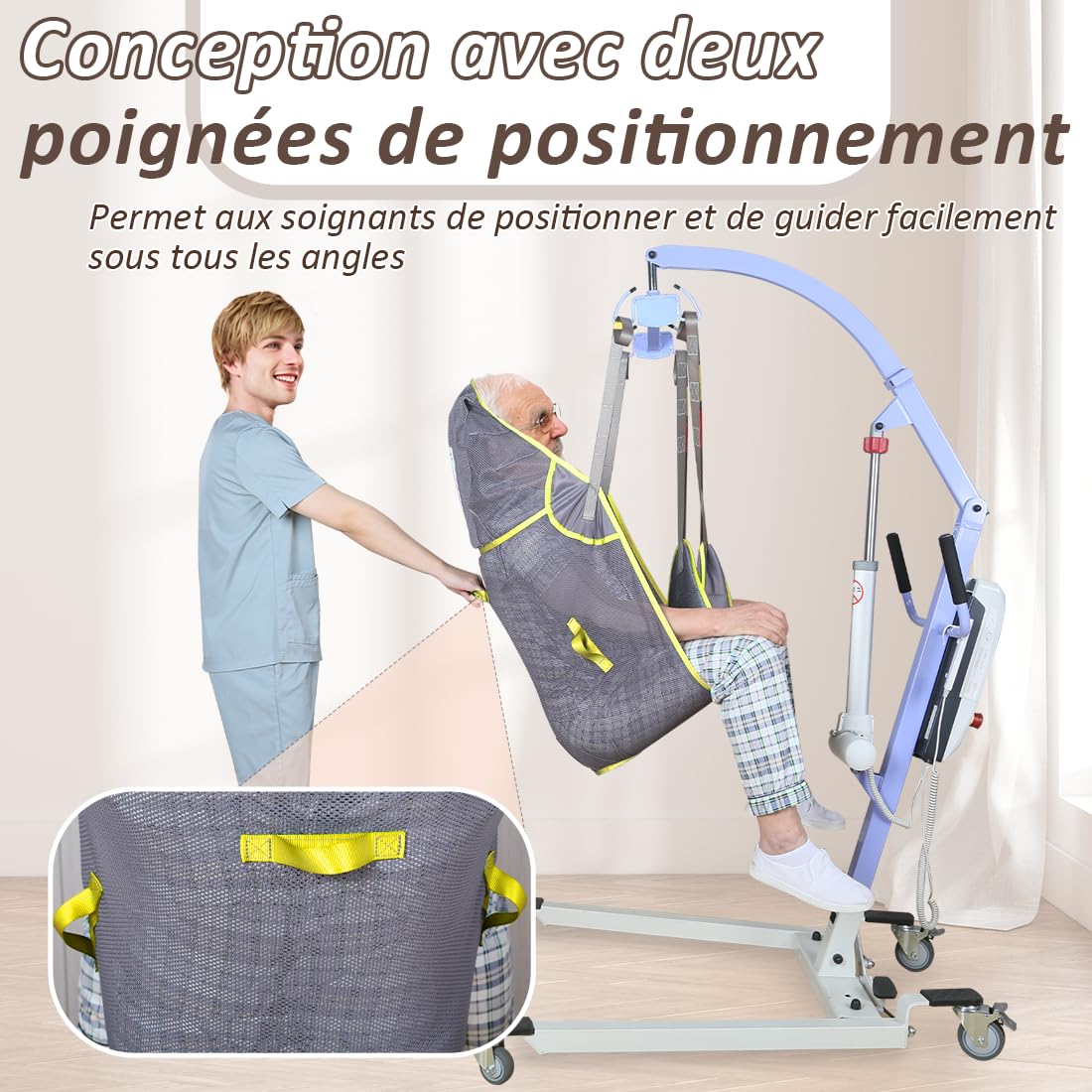EZ Assistive Sangle Lève-Personne avec Têtière, Harnais de Transfert en Filet à Jambes Séparées pour Bain et Toilettes, Charge Max 227 kg, Compatible avec Soulève-Malade Standard (PurpleGray, Moyen)