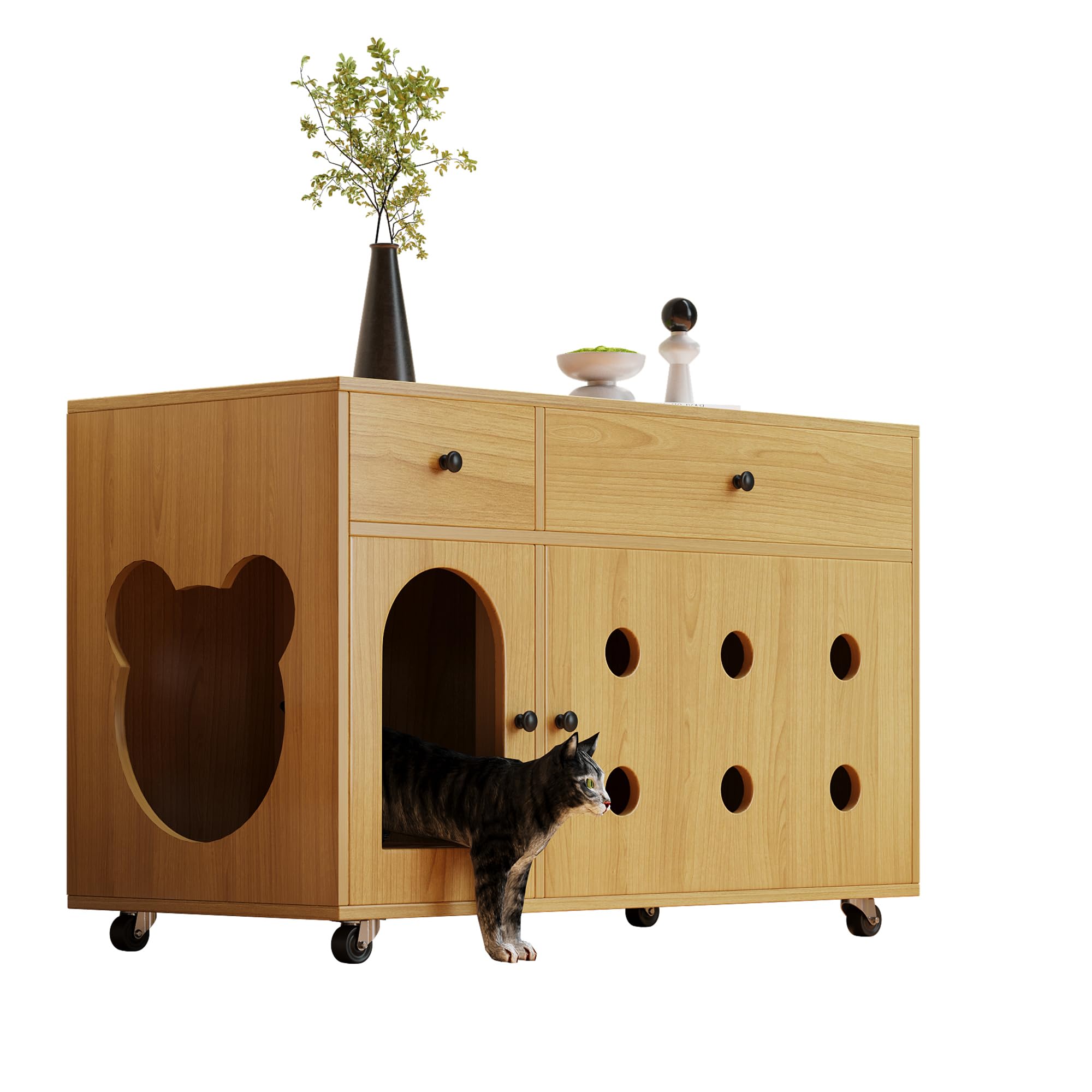 Katzenkloschrank (bewegliche Katzentoilette) – Katzenschrank/Katzenhaus mit abnehmbare Sandablassplatte, geruchsisoliert, ohne Katzenklo, 100×45×66 cm