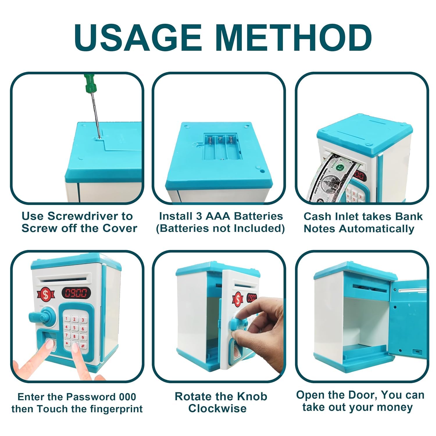 Kidoyz Electronic Money Safe Piggy Bank, Password Protected with Touch Sensor, ATM Toy with Lights and Sound, Blue and White - Color As Per Stock 4