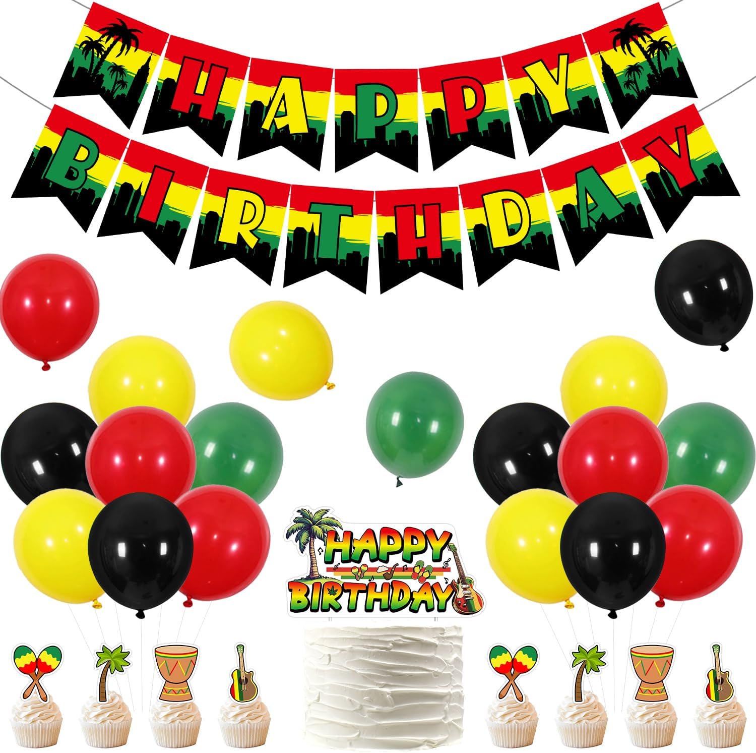 Reggae Birthday Party Decorations: Happy Birthday Banner, Jamaican Rastafari Palm Tree, Cake & Cupcake Toppers, Reggae Music Themed Party Supplies