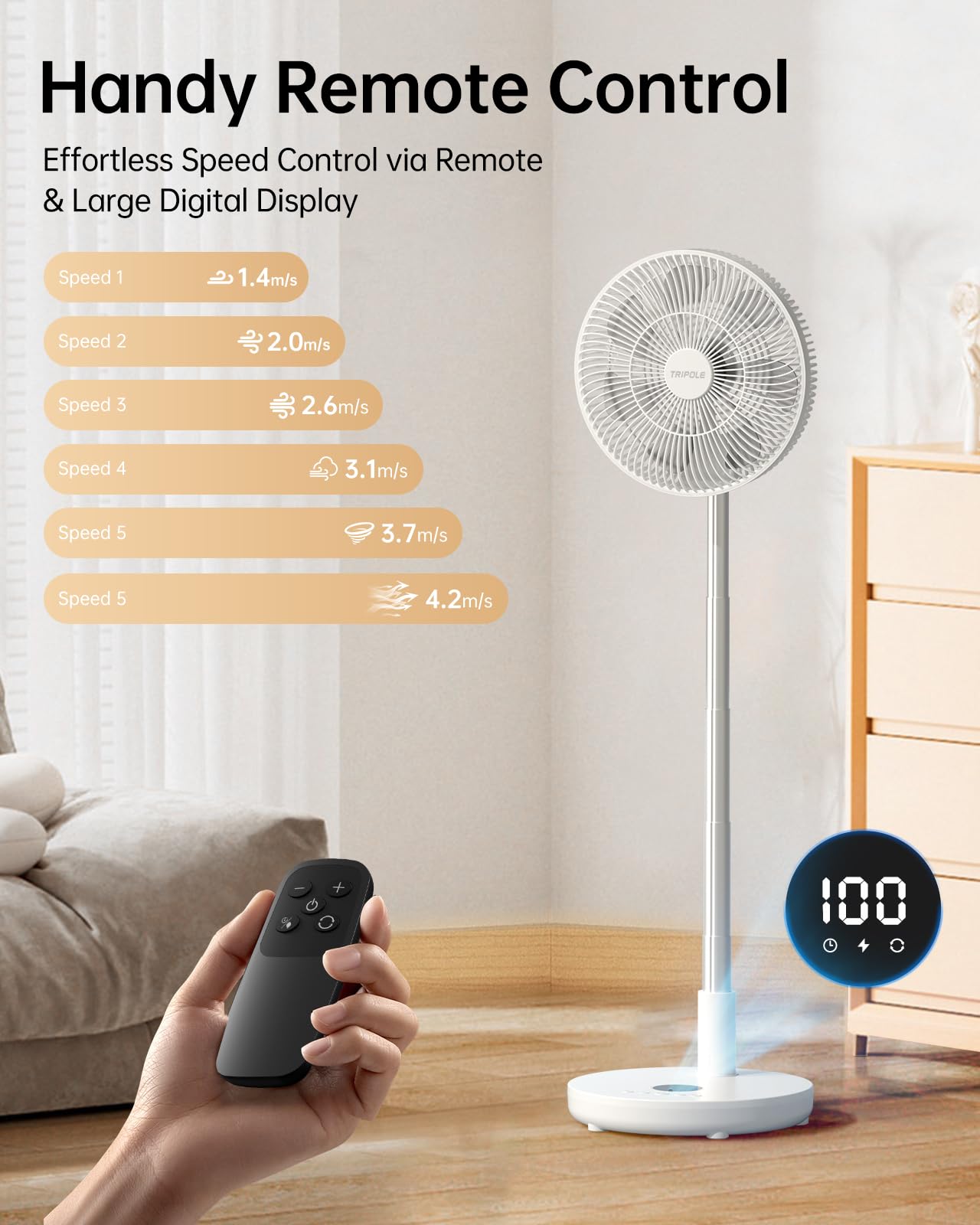 Ventilador oscilante portátil silencioso con control remoto, ventiladores de pedestal recargables de 12 pulgadas para dormitorio y oficina, ventiladores de viaje plegables a batería, altura 3