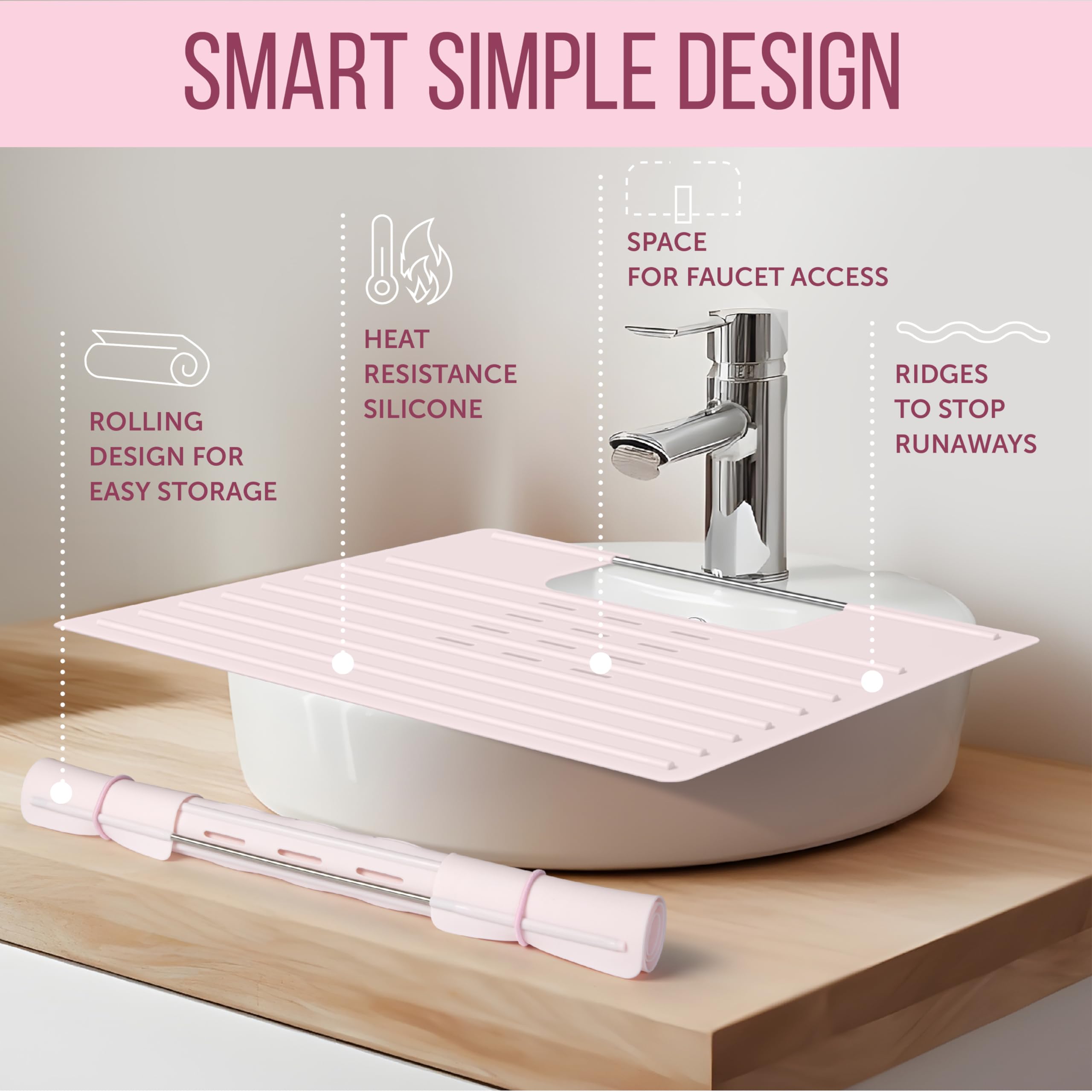Cache-évier Pliable En Silicone – 57x42 Cm – Noir/Rose – Tapis De Coiffure Et Rangement Pour Salle De Bain, Camping-car, Voyage