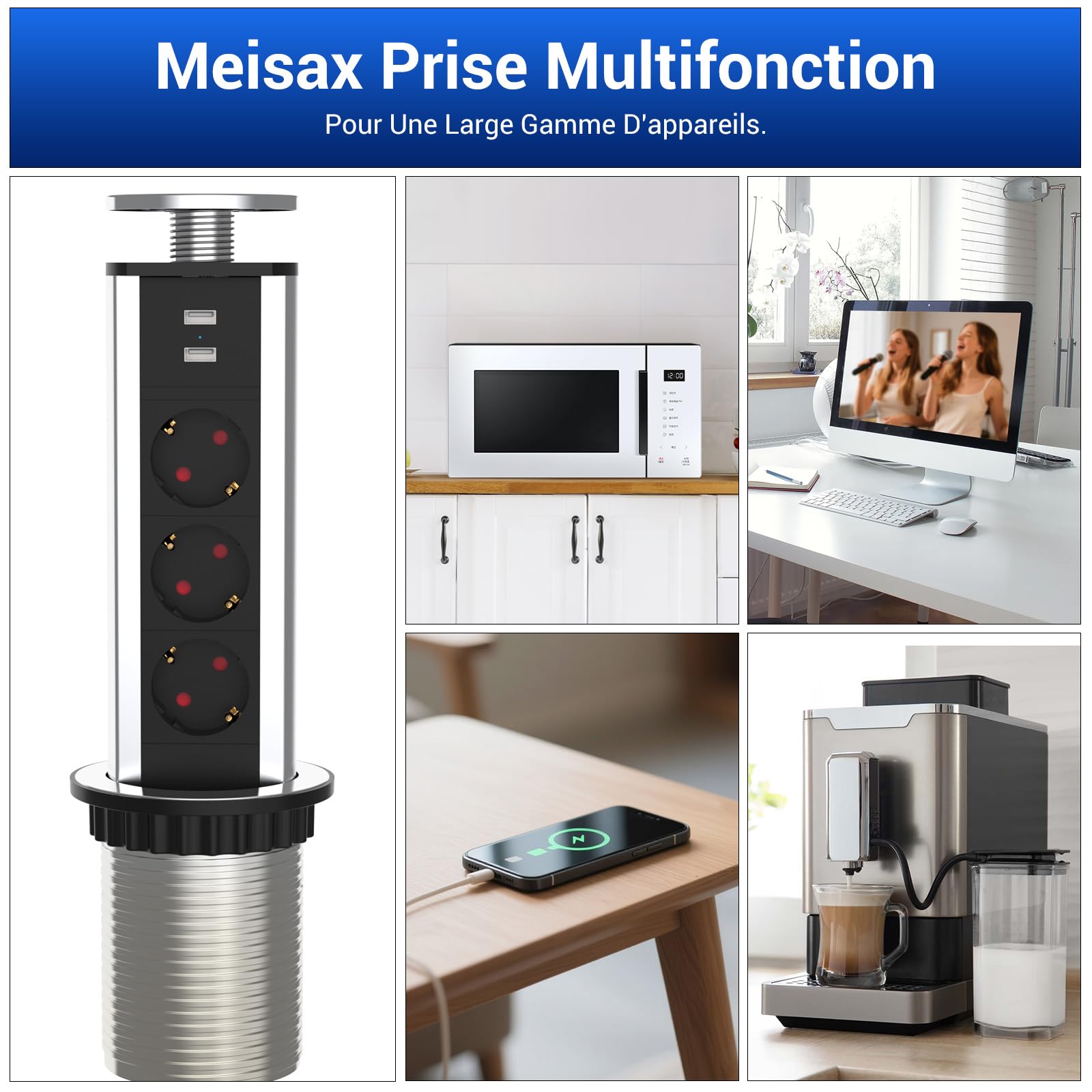 Presa a scomparsa piano di lavoro con 3 prese e 2 USB-A | Diametro 80 mm, cavo 1,8 m, multipresa da incasso per cucina, ufficio, camera da letto, soggiorno