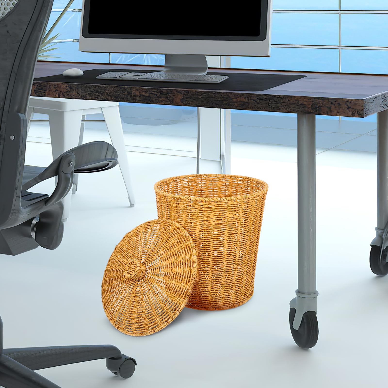 Alipis Pattumiera Con Coperchio Cestino Portaoggetti Rustico Intrecciato in Finto Rattan Cestino Di Articoli Vari Per Camera Da Letto Soggiorno Lavanderia Ufficio 33.00X28.00X28.00Cm