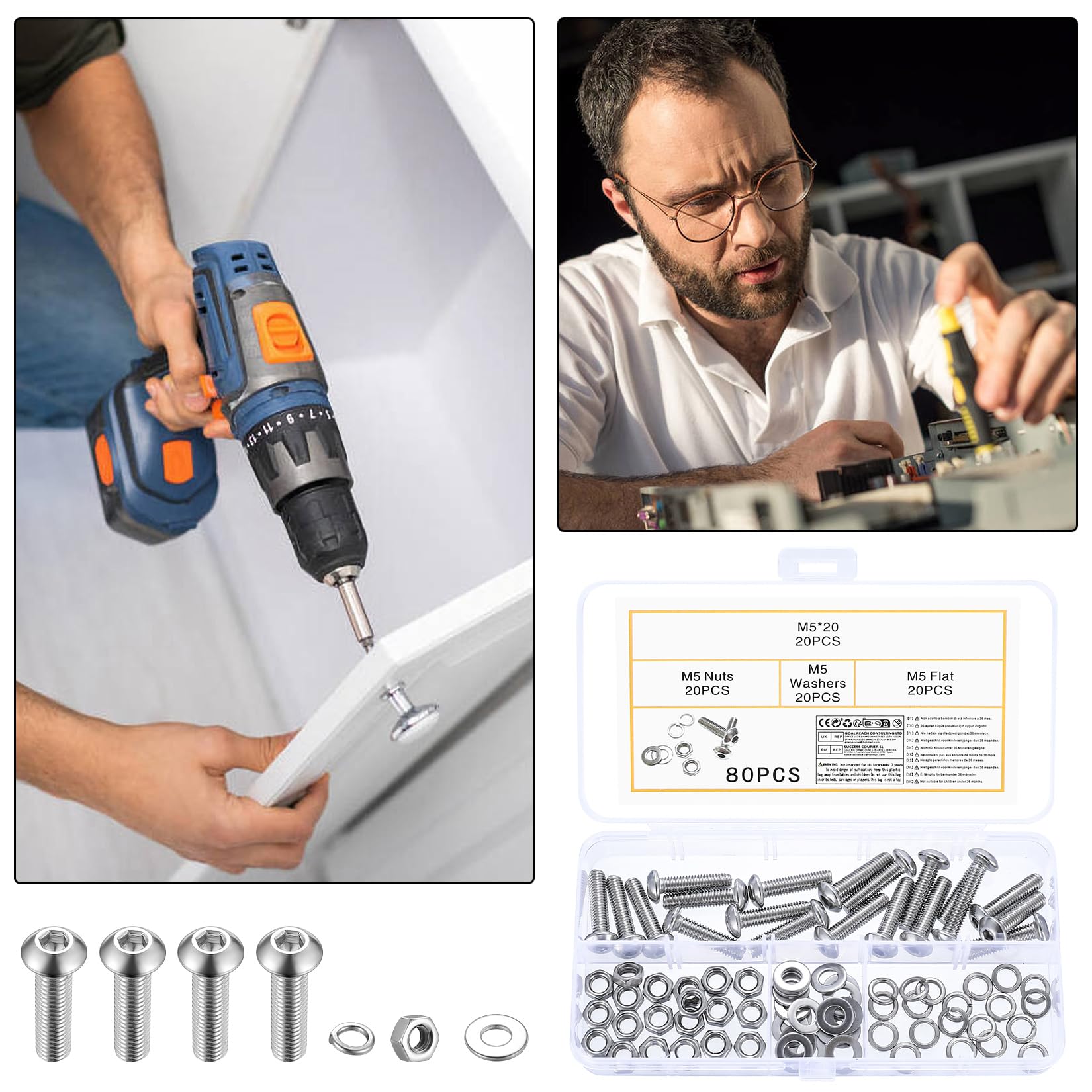 80 Pz Set di Viti M5 x 20mm, Bulloni e Dadi, Bulloni a Testa Bombata con Esagono Incassato, Viti a Testa Cilindrica con Esagono Incassato in Acciaio Inox e Dadi con Rondelle, Vite a Brugola
