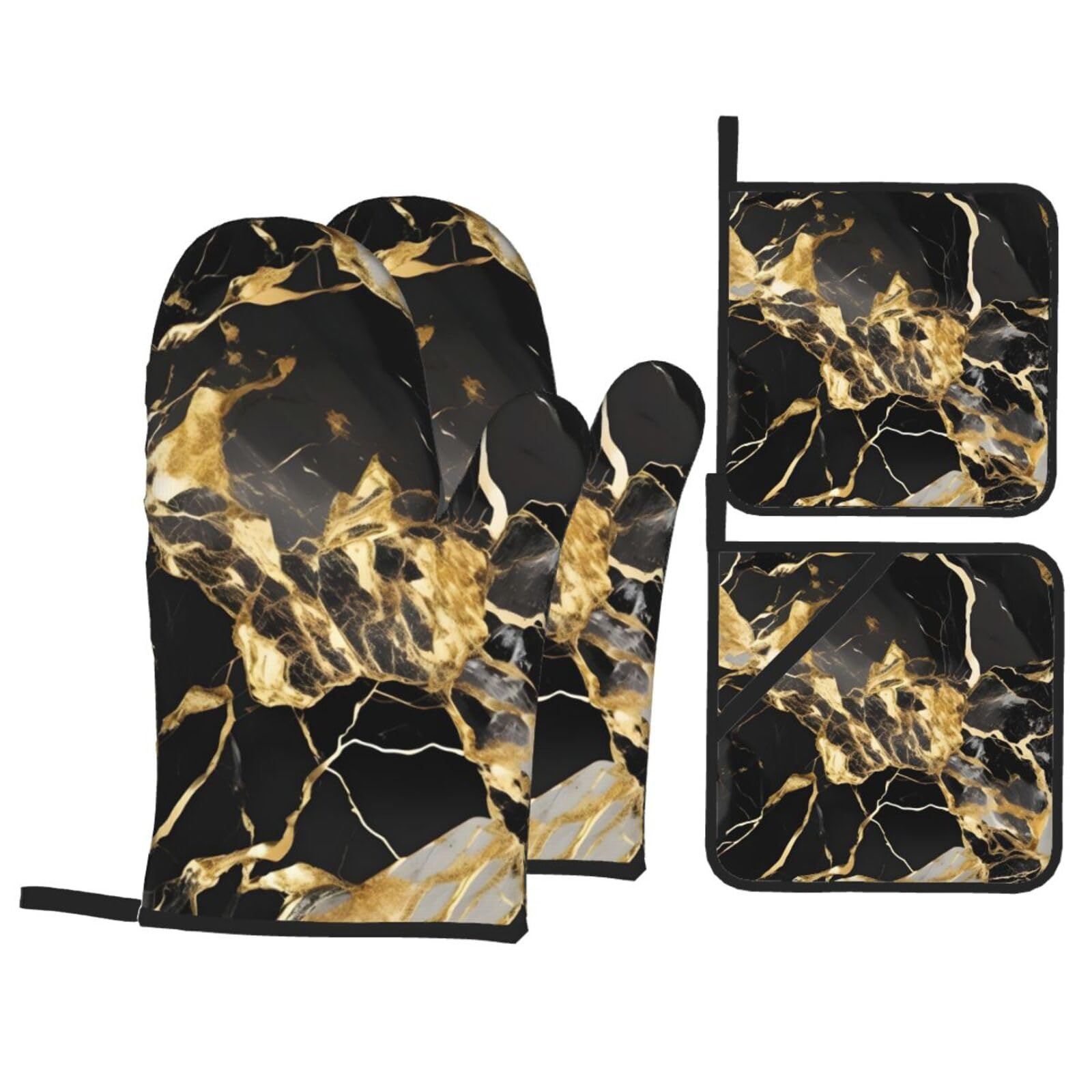 black marble texture golden Print 4-Piece Heat-Resistant Oven Waterproof Kitchen Gloves Cooking Roasting Essential