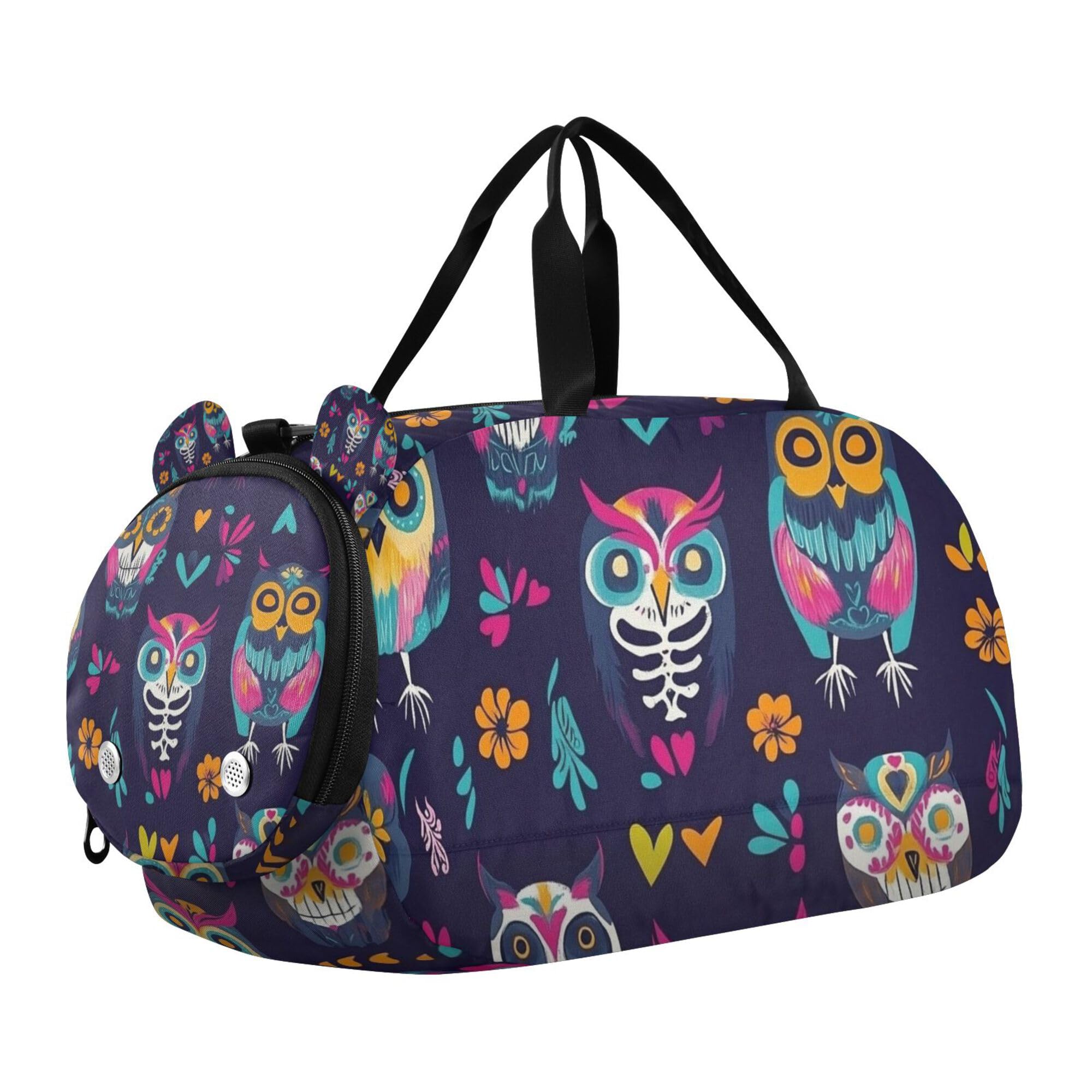 Glaphy Day Of The Dead Owls Skulls Pattern Duffle Bag for Toddler Boys Girls, Gym Sports Bag with Shoe Compartments, Kids Travel Overnight Weekender Shoulder Bag