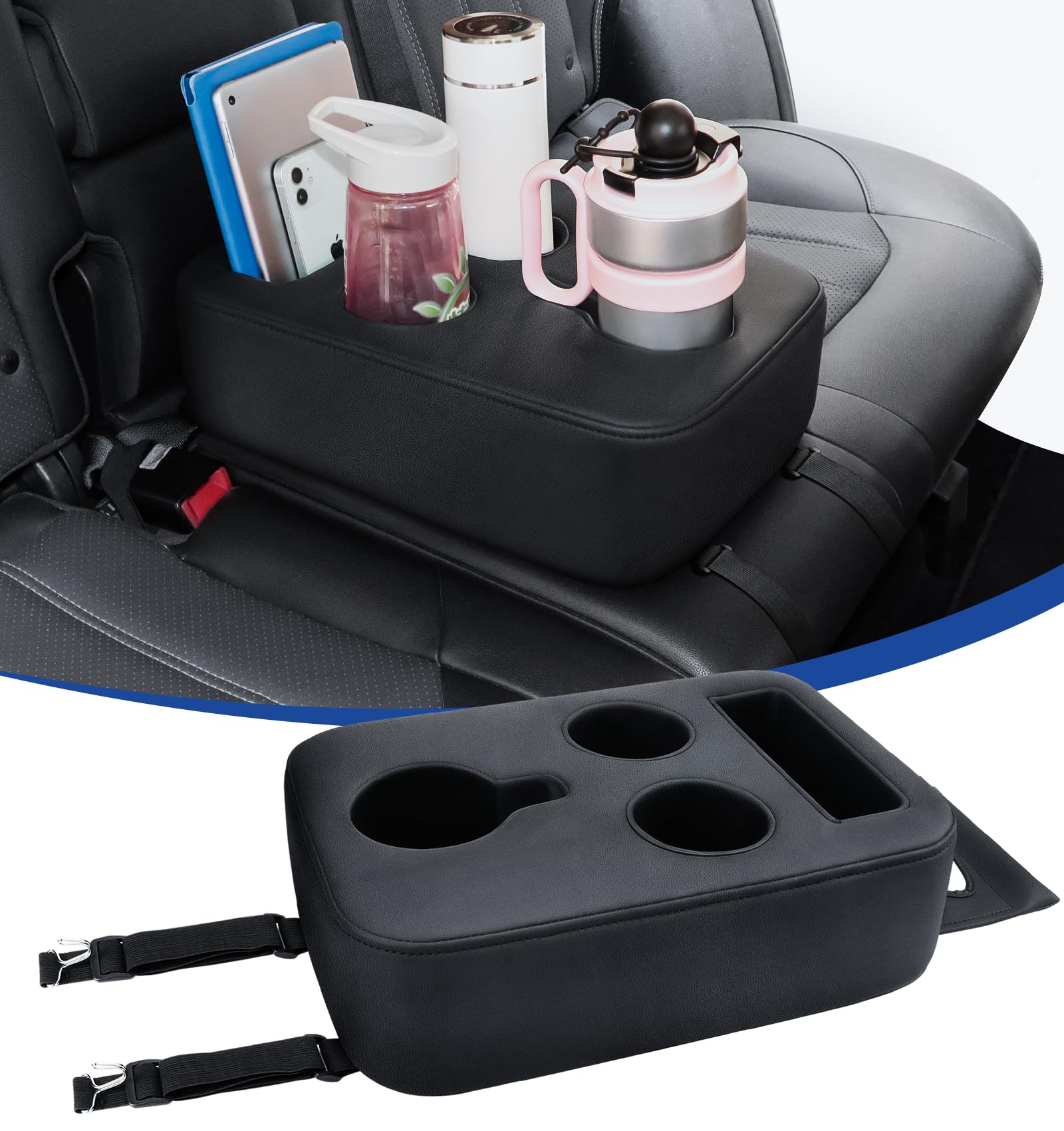 Upgraded Car Cup Holder with Dual Secure Straps Back Seat Cup Holder for Car PU Leather Truck Cup