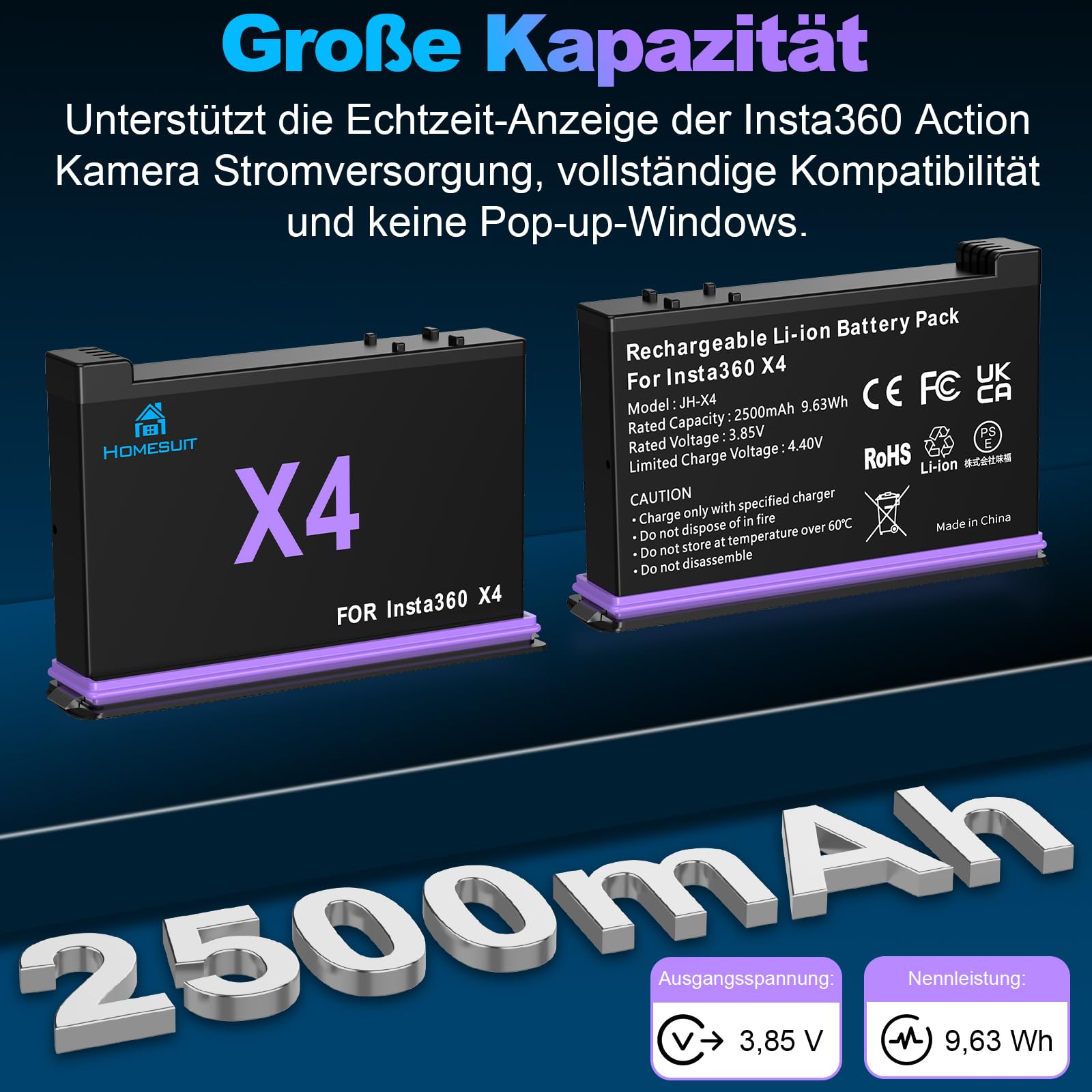 Homesuit 2er-Pack Insta 360 X4 Akku 2500mAh und 3-Kanal USB Ladegerät Kit Kompatibel mit Insta360 X4 Action Kamera Zubehör mit Misro SD Kartensteckplätzen (Not for X4 Air)