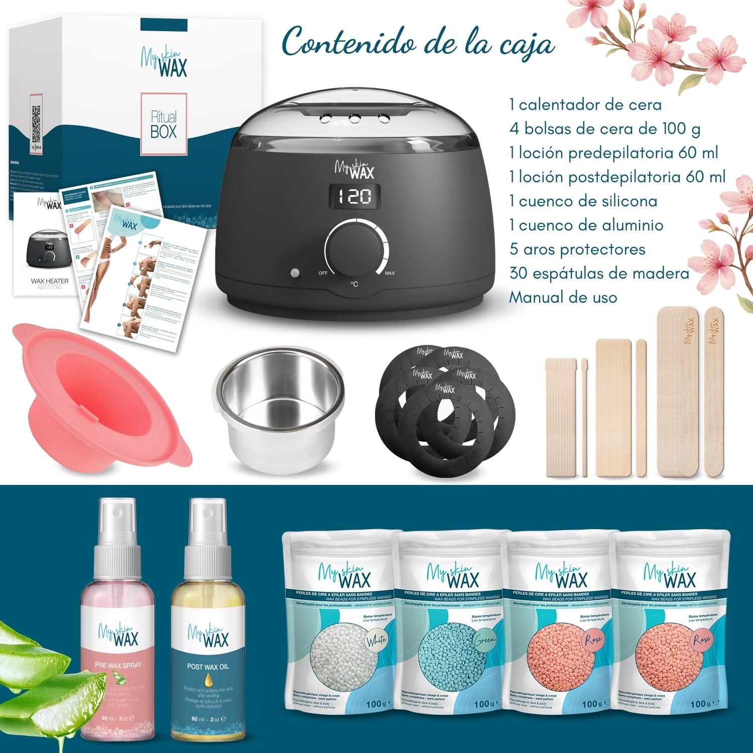 Calentador de cera depilatoria digital profesional con cuenco de silicona, kit de depilación sin bandas con 400 g de cera hipoalergénica de baja temperatura para cuerpo, rostro y zona bikini