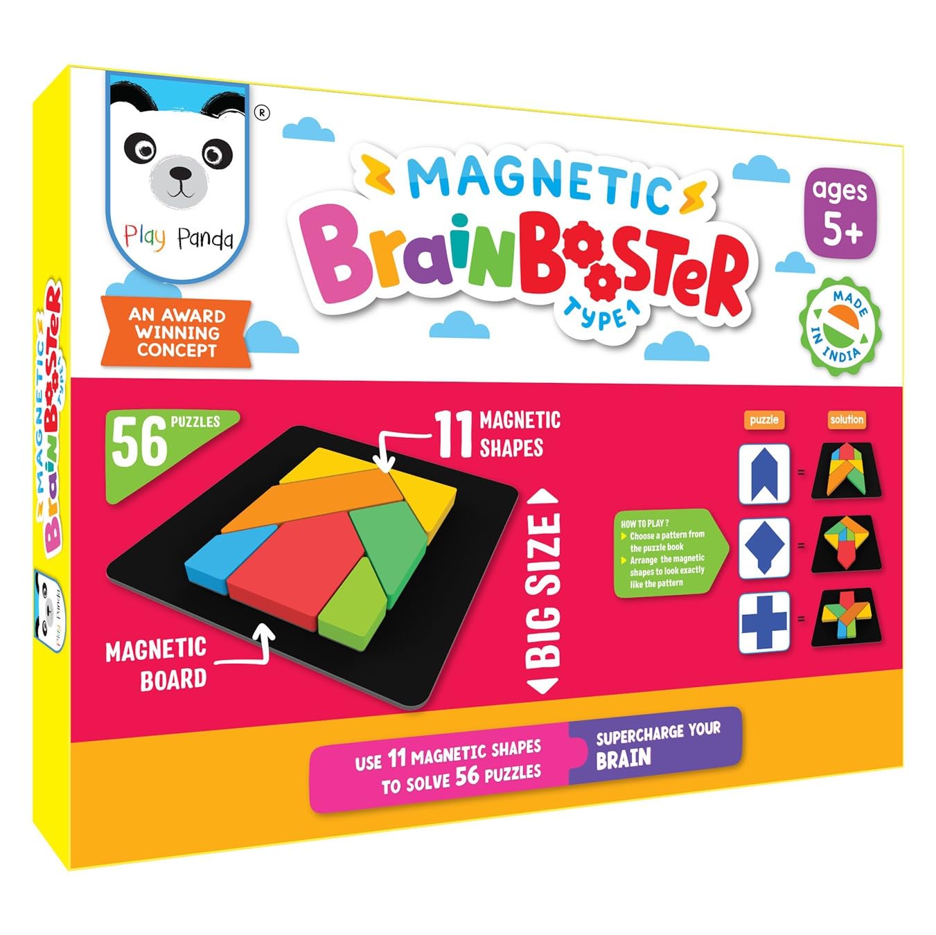 PLAY PANDA Brain Booster Type 1 (Senior) - 56 Puzzles Designed To Boost Intelligence - With Magnetic Shapes, Magnetic Board, Puzzle Book And Solution Book
