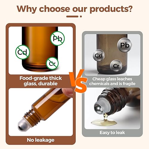 Miniatura 3 de ComSaf 24 botellas enrollables para aceites esenciales de 0.3 onzas líquidas, rollo de sellado de triple bloqueo en botellas de perfume ámbar bolas